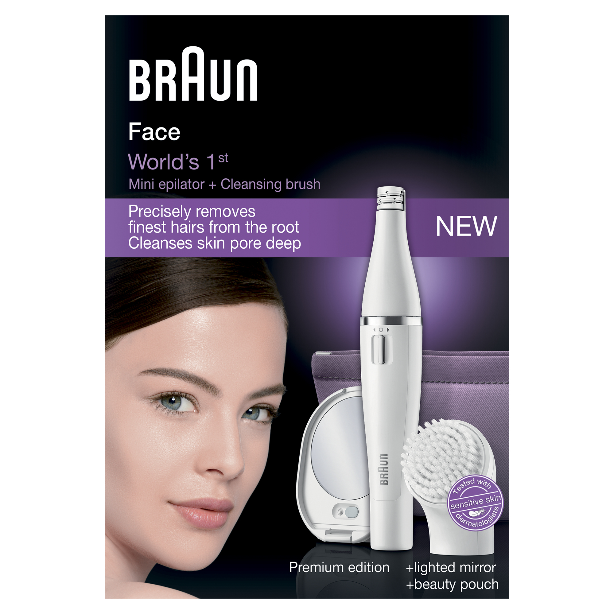 Voir la diapositive 2 : BRAUN Kit soin du visage FACE SE830 : Épilateur électrique visage + Brosse nettoyante + Miroir lumineux + Trousse + Accessoires