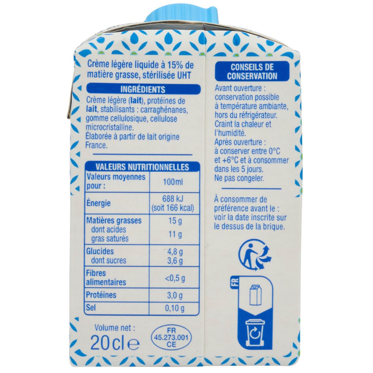 AUCHAN Crème légère fluide 15%MG 20cl