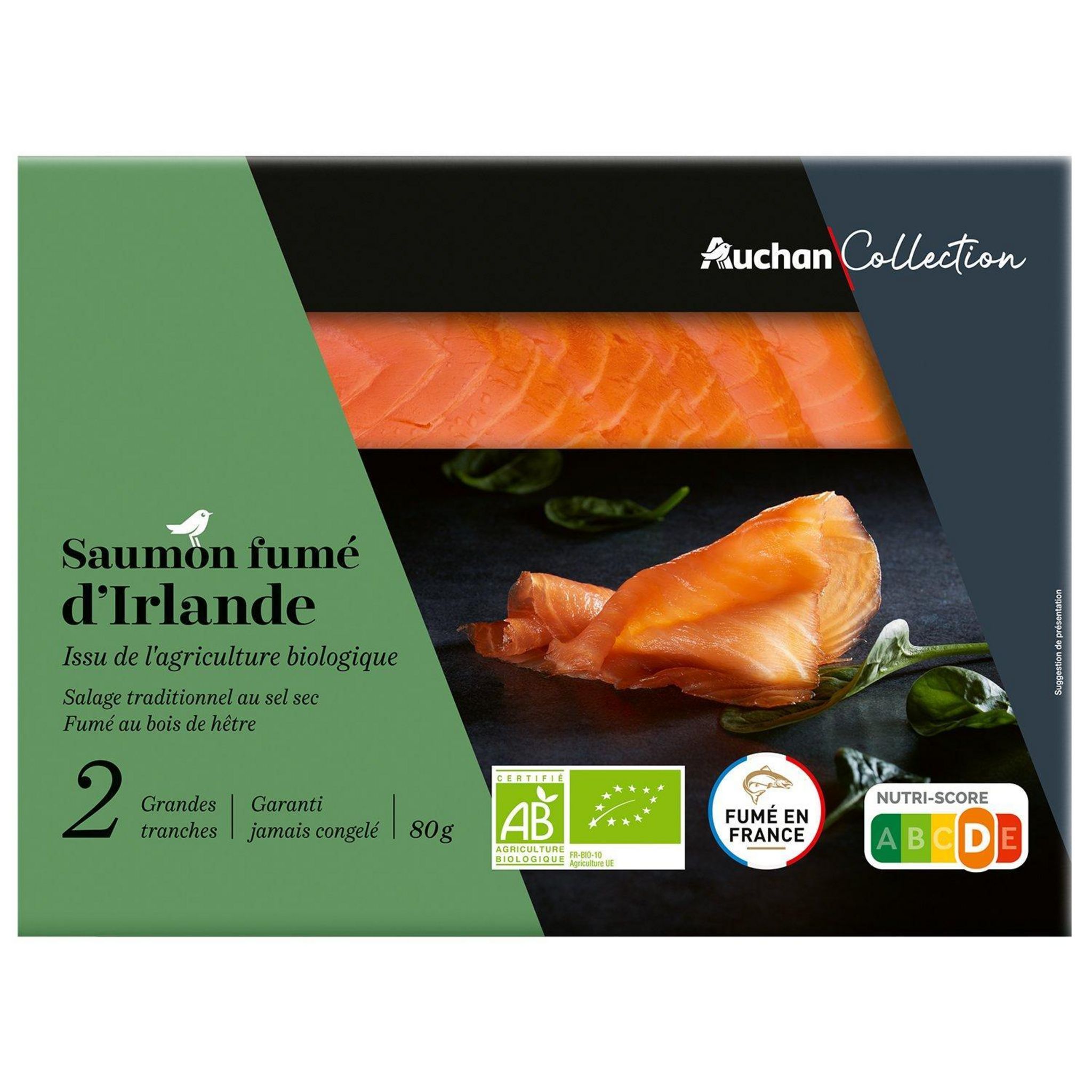 Voir la diapositive 2 : AUCHAN COLLECTION Saumon fumé d'Irlande bio 2 tranches 80g