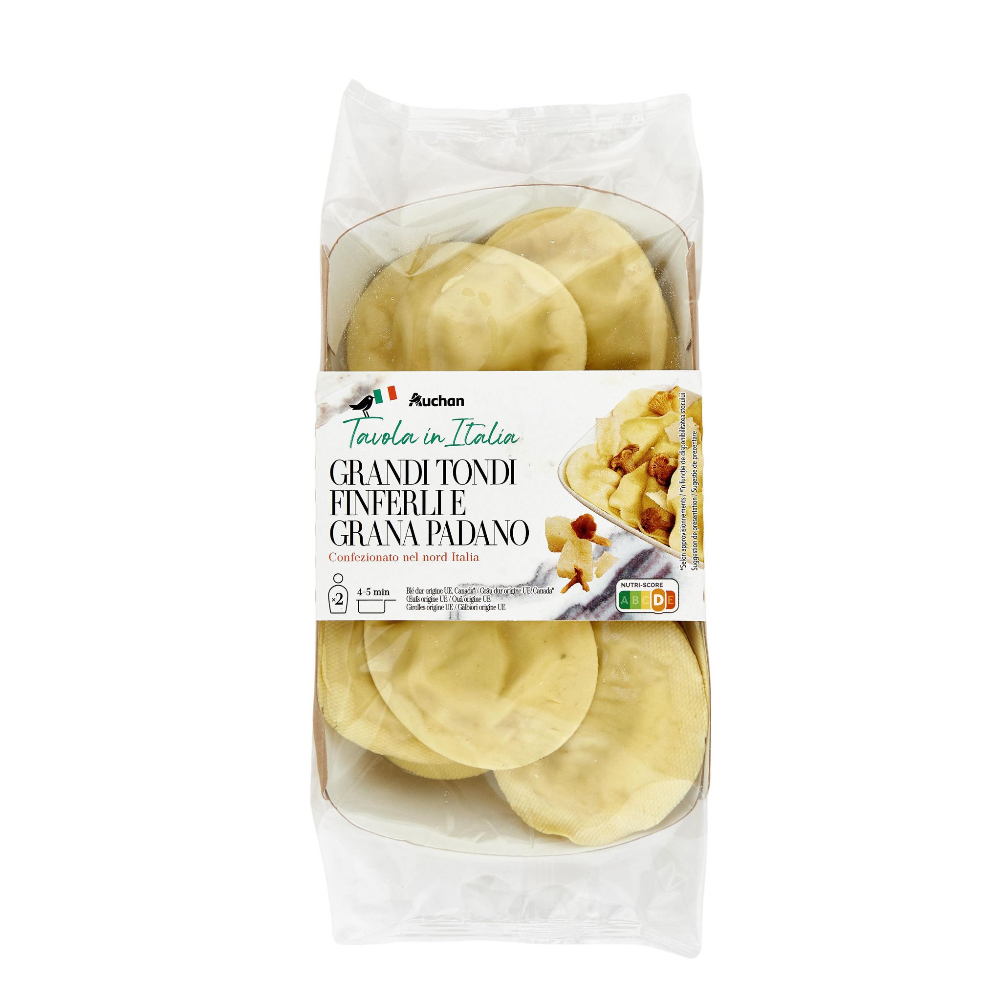 Voir la diapositive 2 : AUCHAN TAVOLA IN ITALIA Grandi Tondi girolles sautées parmesan 2 parts 250g