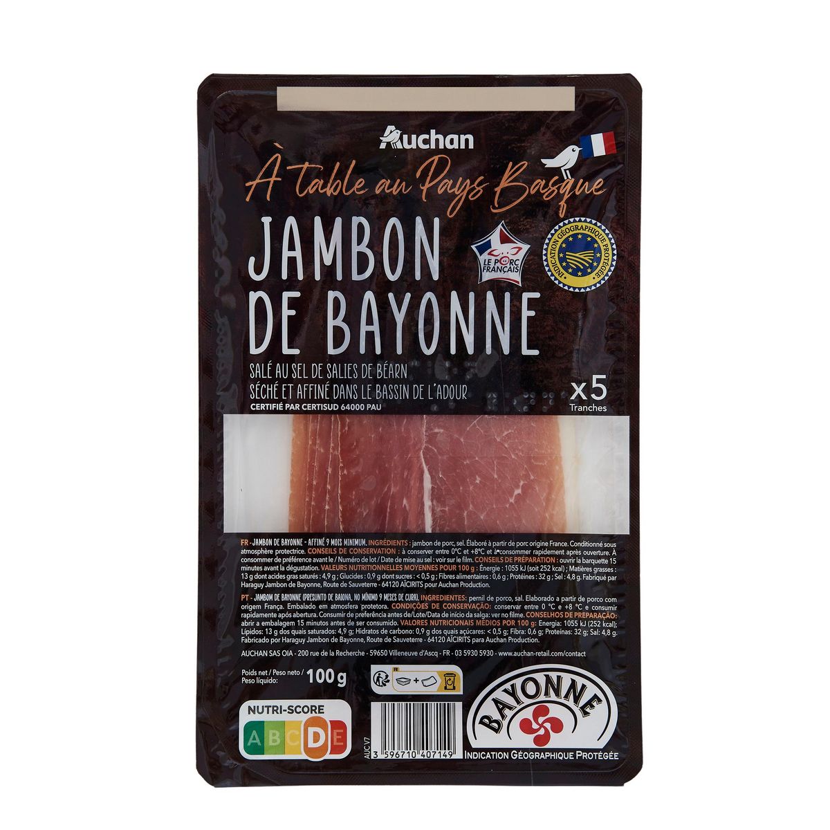 AUCHAN TERROIR Jambon de Bayonne IGP 5 tranches 100g