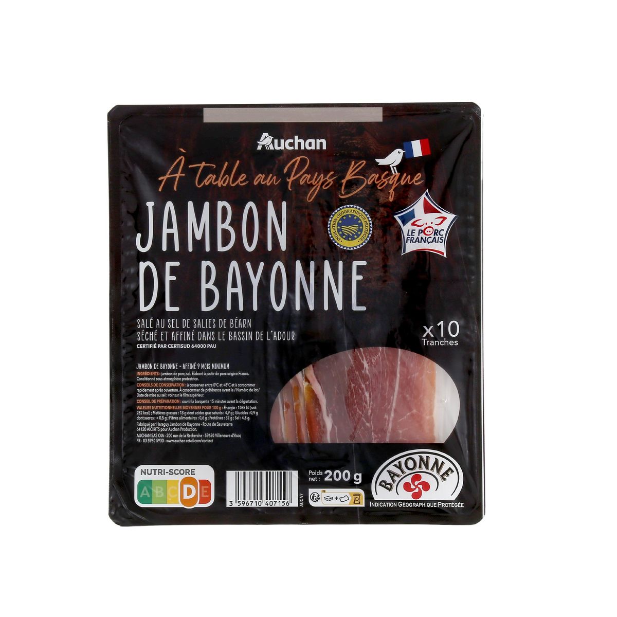 AUCHAN TERROIR Jambon de Bayonne IGP 10 tranches 200g
