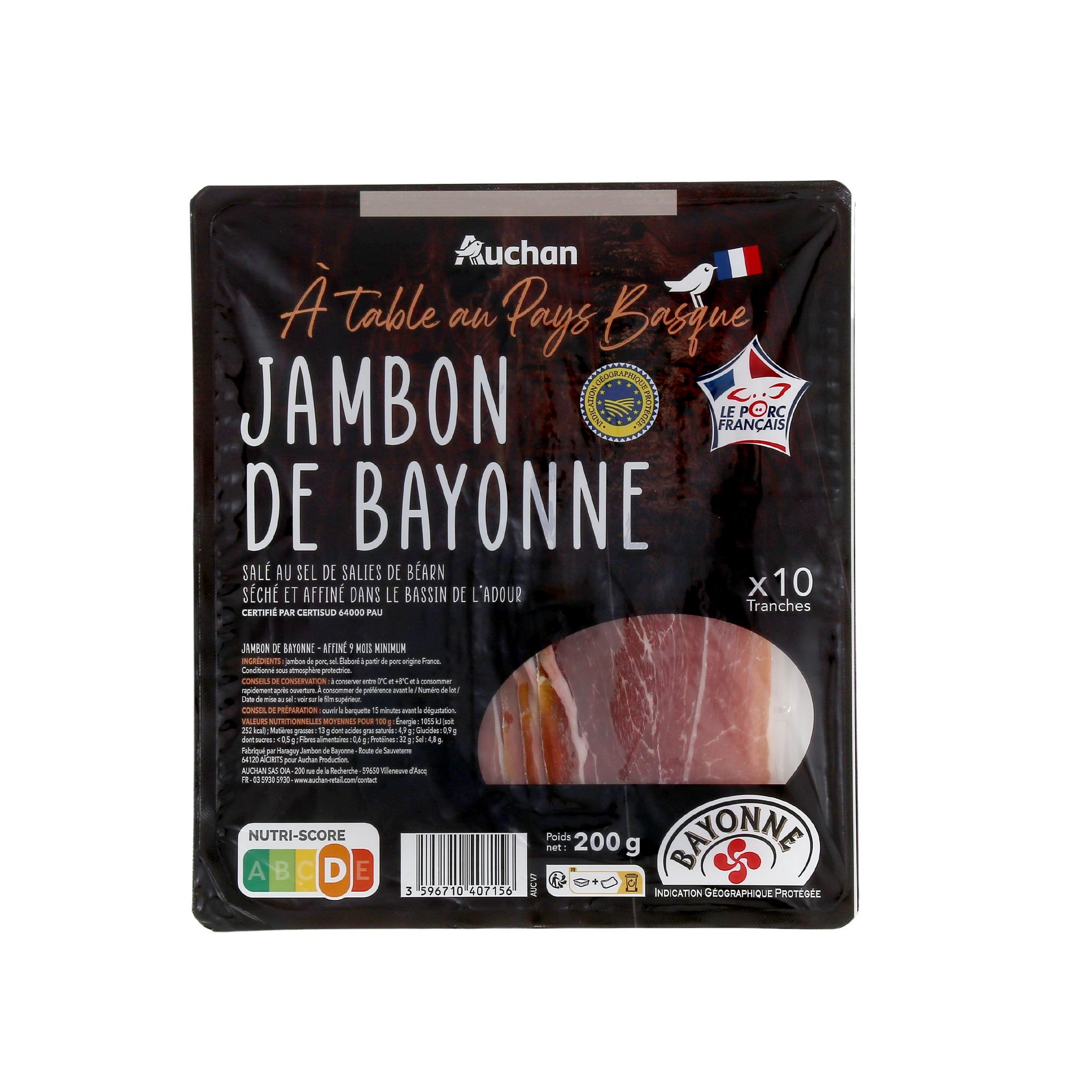 Voir la diapositive 2 : AUCHAN TERROIR Jambon de Bayonne IGP 10 tranches 200g