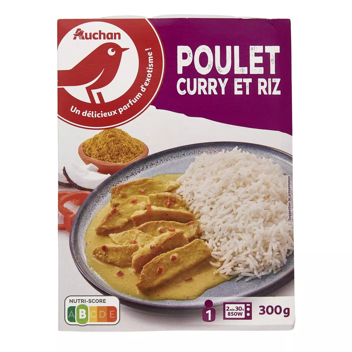 AUCHAN Poulet au curry et riz blanc 1 portion 300g
