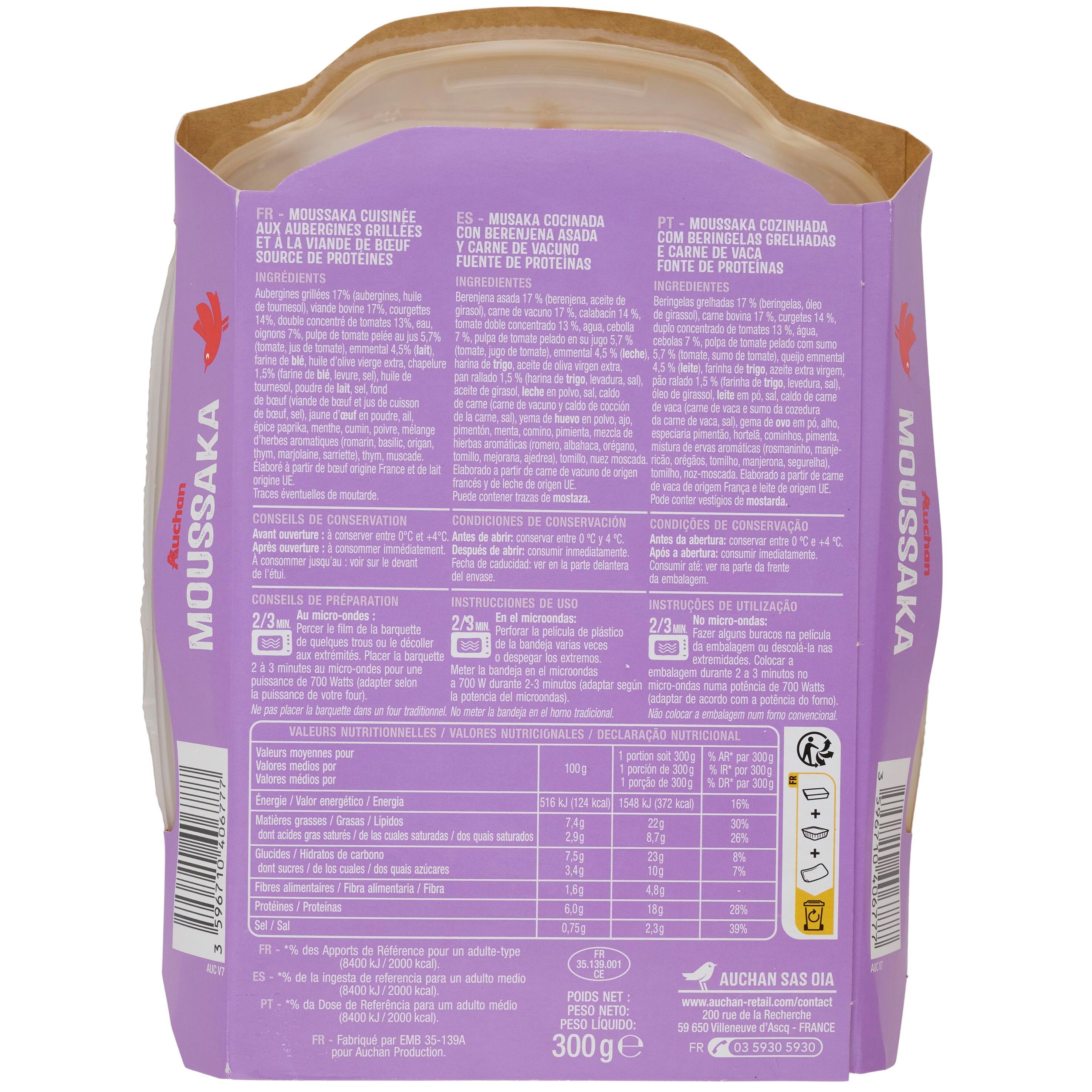 Voir la diapositive 3 : AUCHAN Moussaka sans couverts 1 part 300g