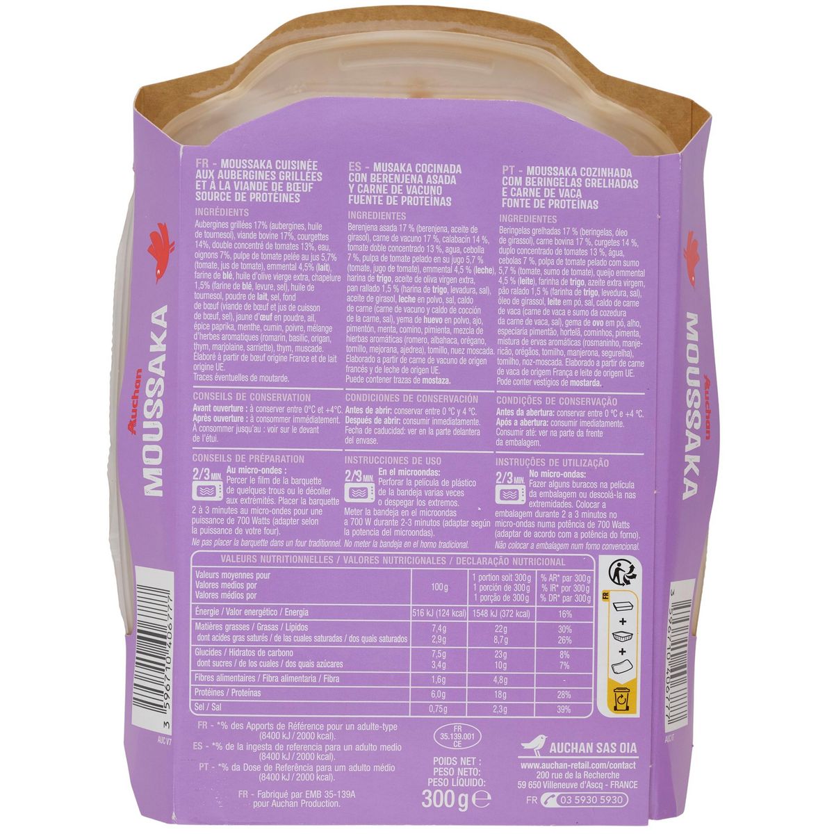 AUCHAN Moussaka sans couverts 1 part 300g