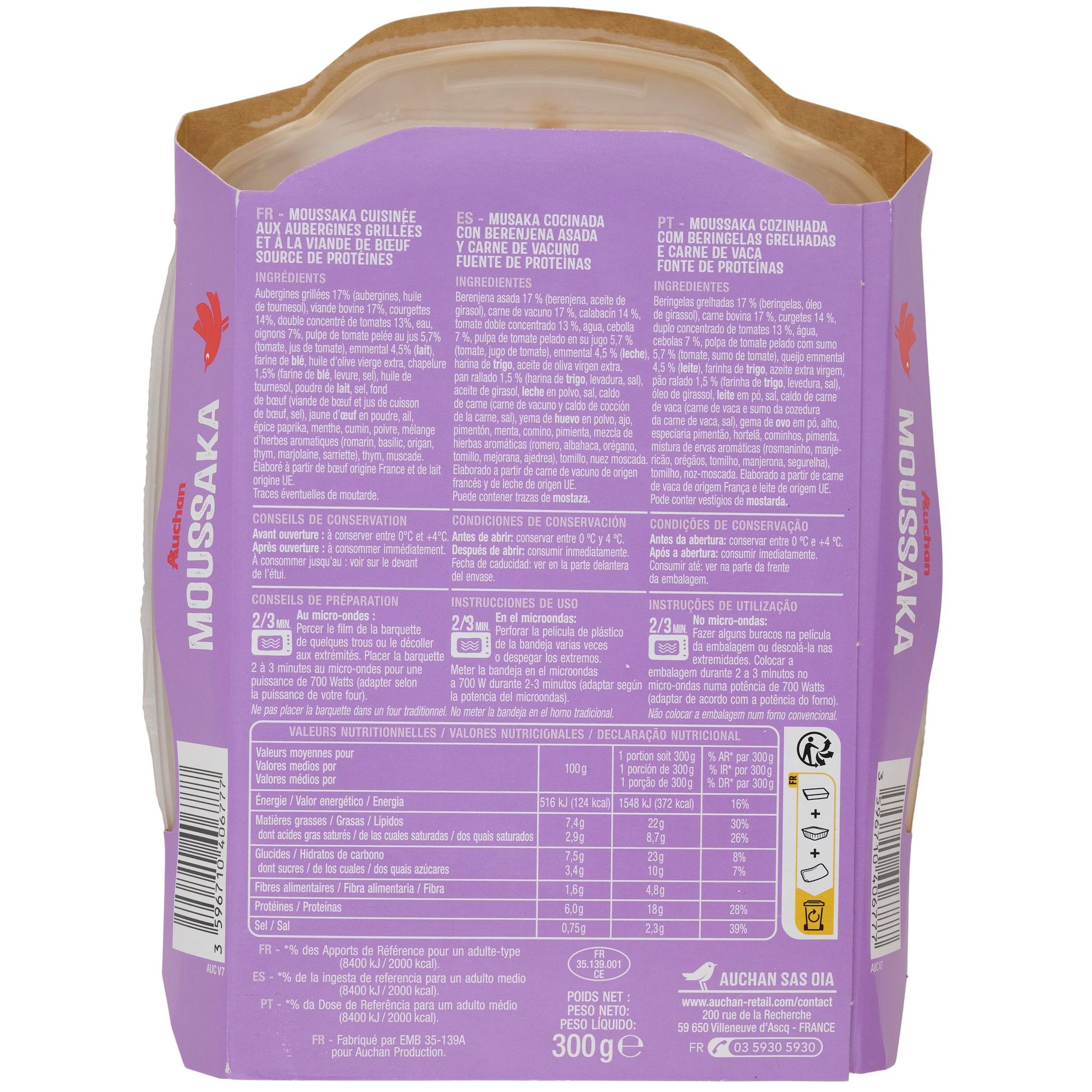 Voir la diapositive 3 : AUCHAN Moussaka sans couverts 1 part 300g