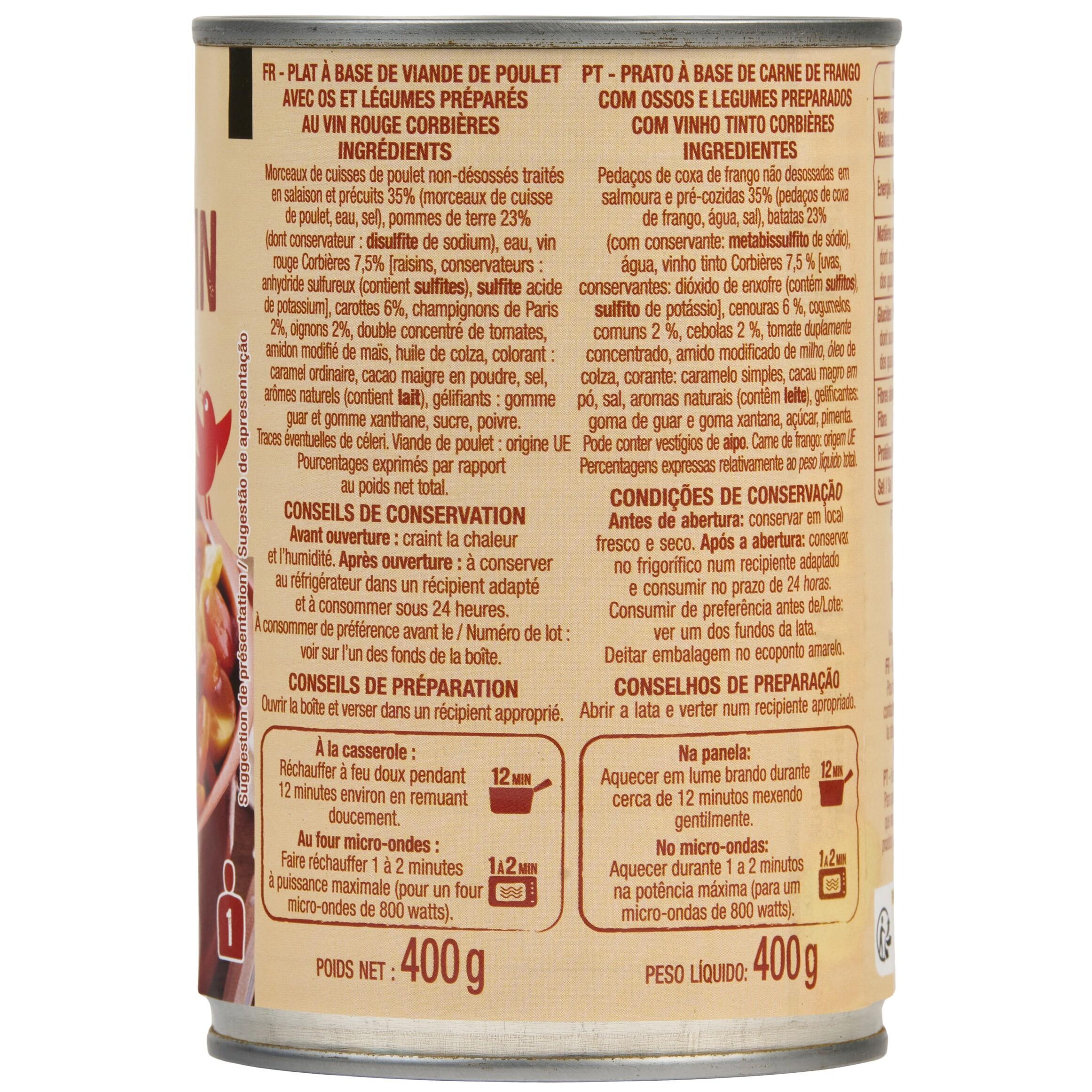 Voir la diapositive 2 : AUCHAN Coq au vin en conserve 1 portion 400g