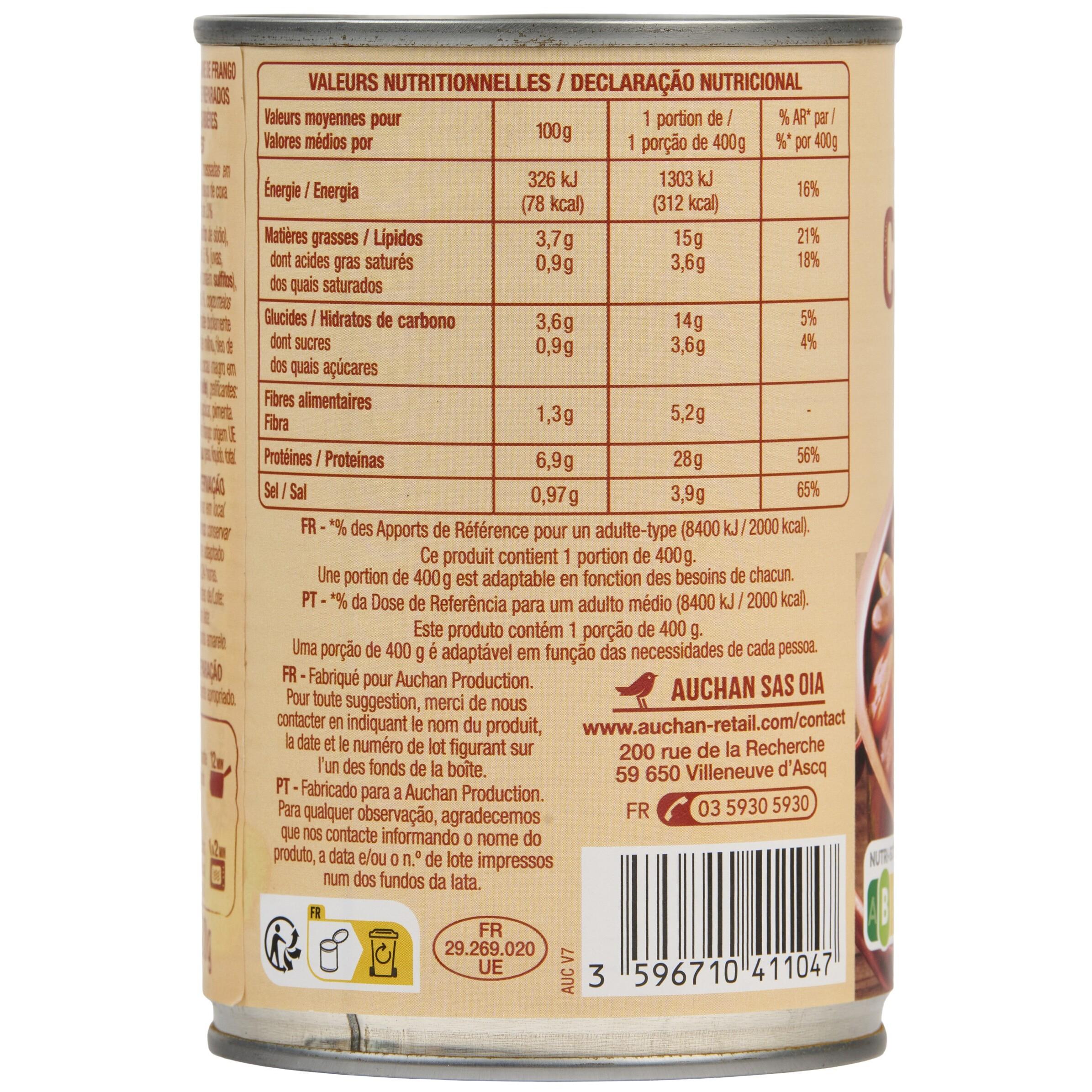 Voir la diapositive 3 : AUCHAN Coq au vin en conserve 1 portion 400g