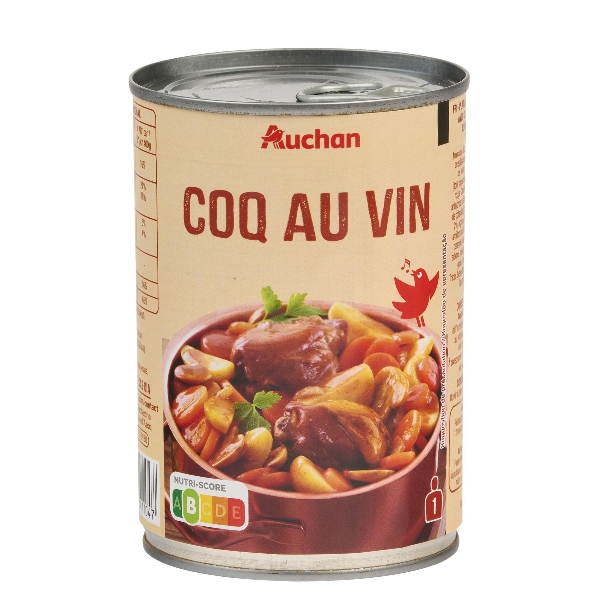 Voir la diapositive 4 : AUCHAN Coq au vin en conserve 1 portion 400g