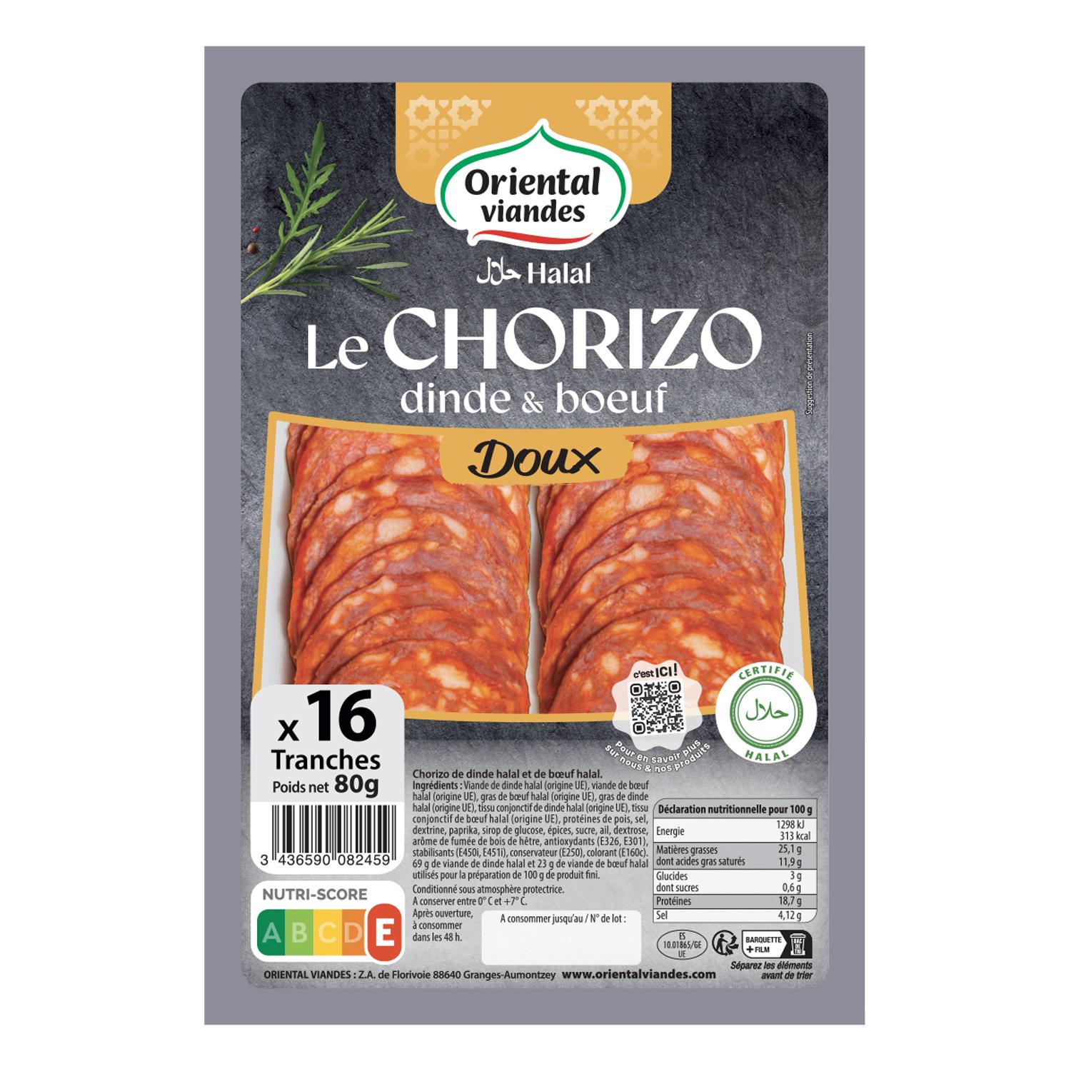 ORIENTAL VIANDES Chorizo dinde et boeuf doux halal 16 tranches 80g