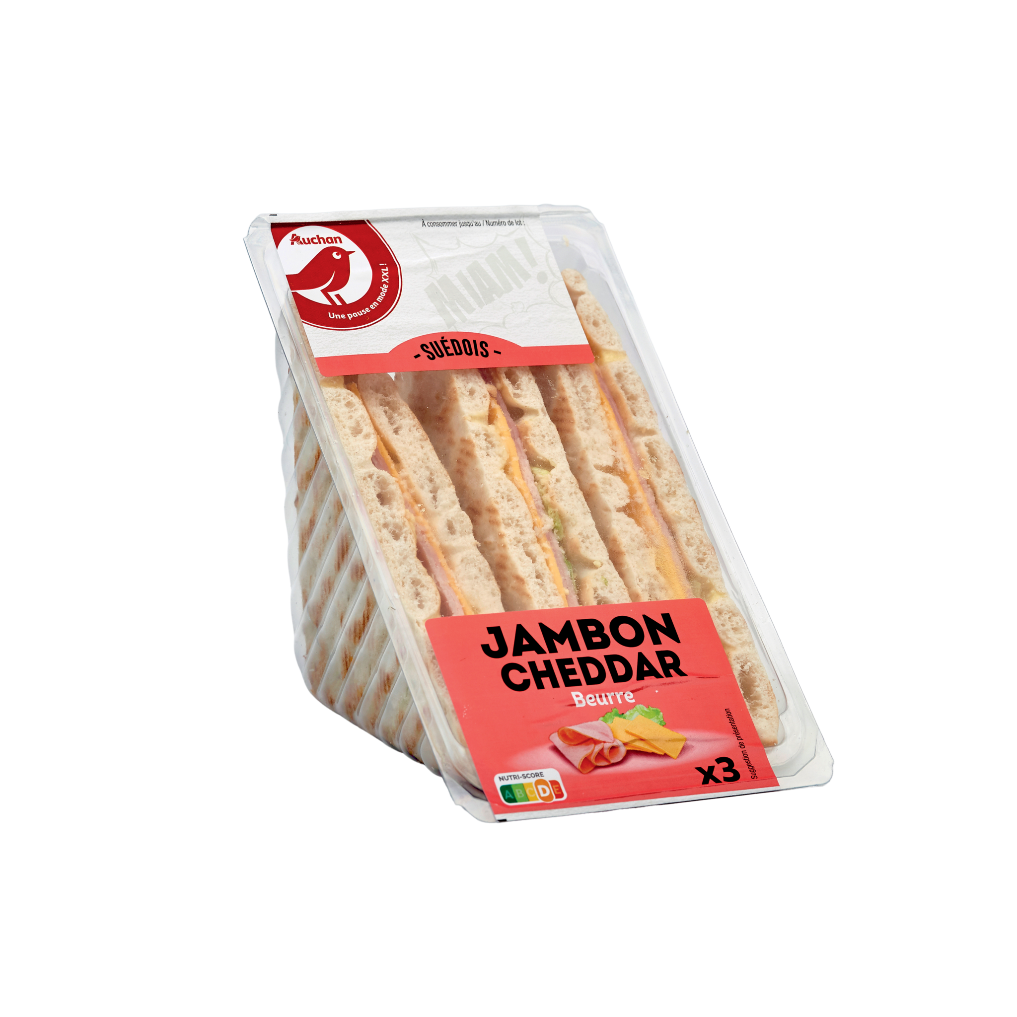 AUCHAN Pause snack pain suédois jambon cheddar 3 pièces 230g
