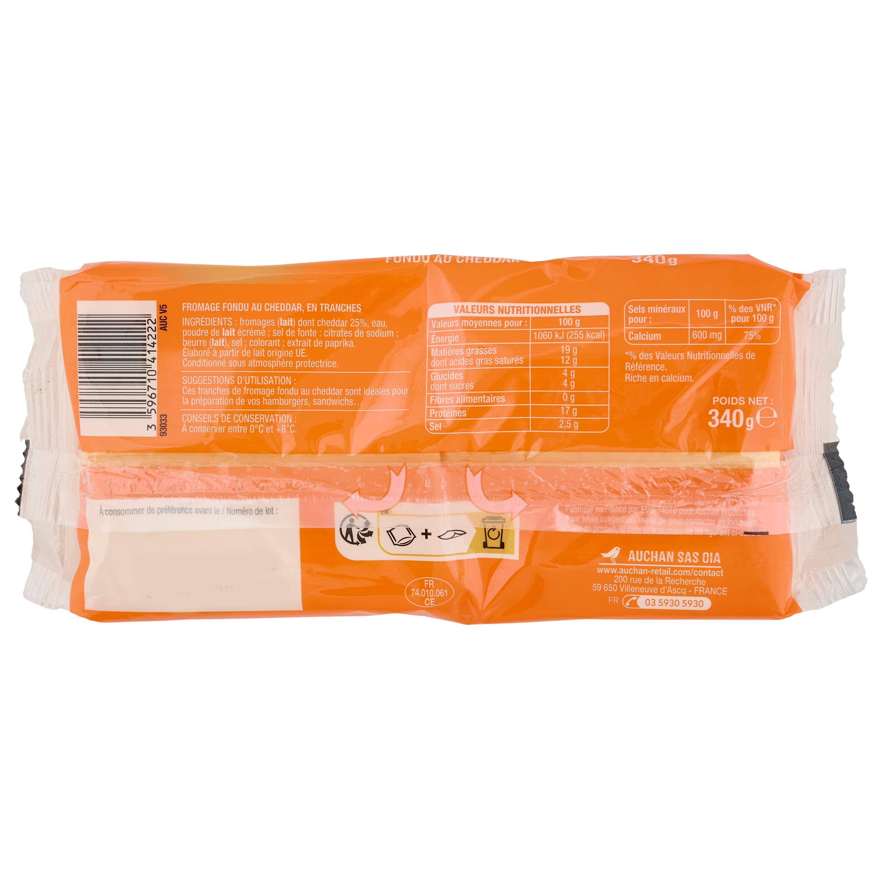 Voir la diapositive 2 : AUCHAN Cheeesy Cheddar en tranche pour hamburger x18 18 tranches 340g