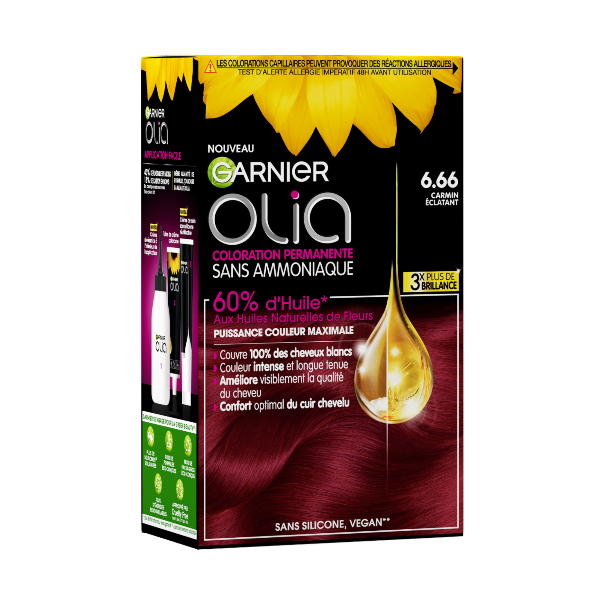 Voir la diapositive 2 : GARNIER Olia coloration permanente sans ammoniaque 6.66 carvin éclatant 3 produits 1 kit