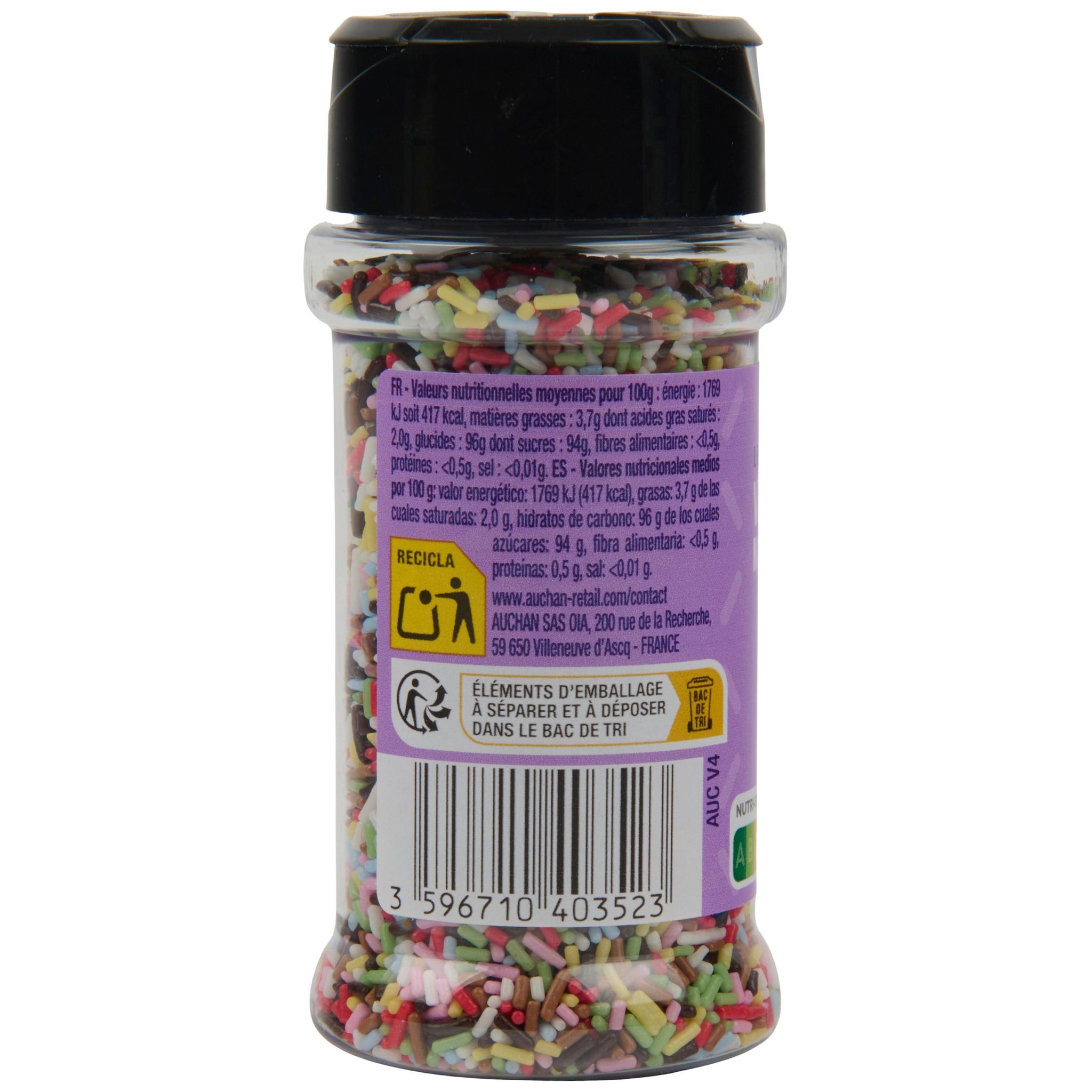 Voir la diapositive 2 : AUCHAN Vermicelles multicolores 65g