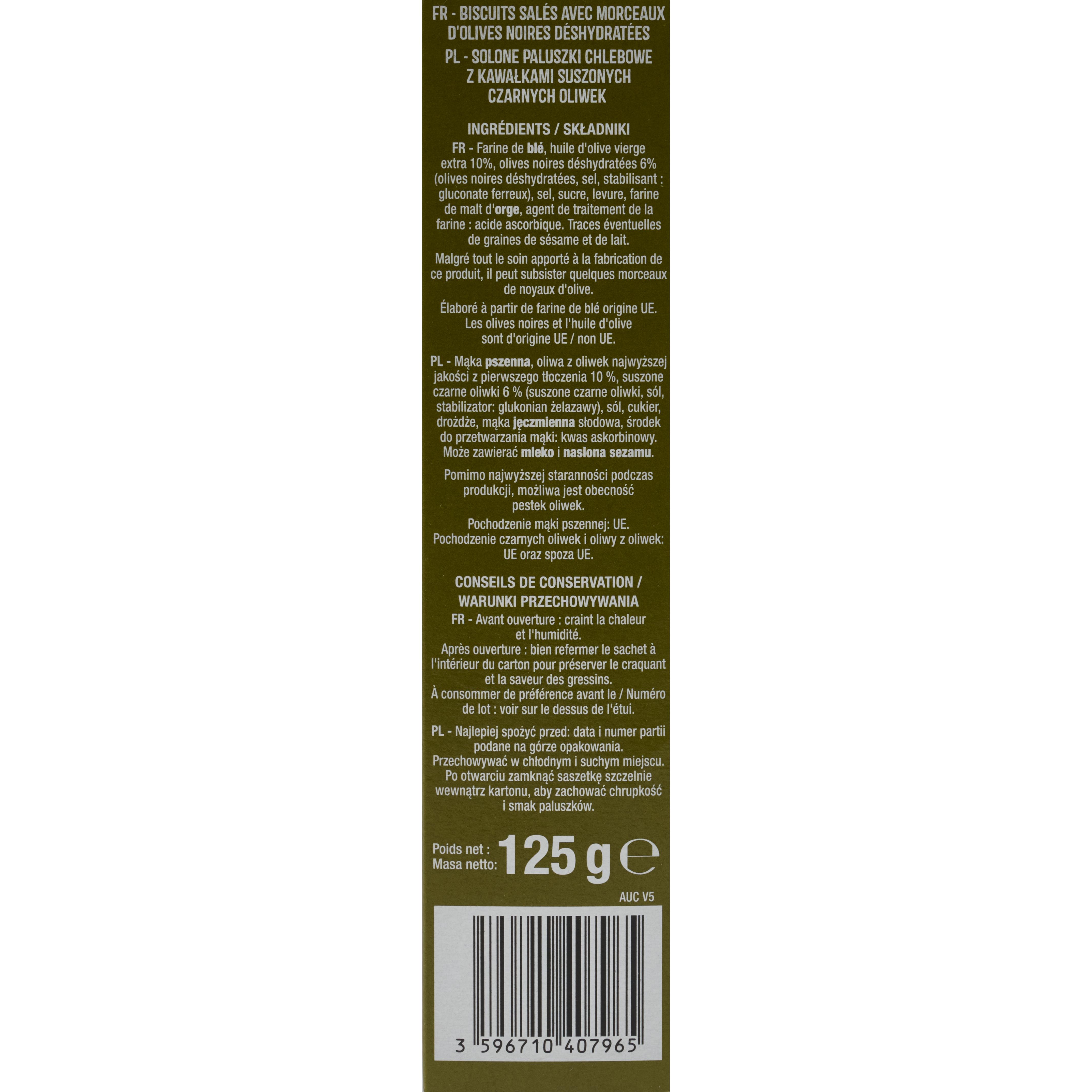 Voir la diapositive 2 : AUCHAN Gressins aux olives 125g