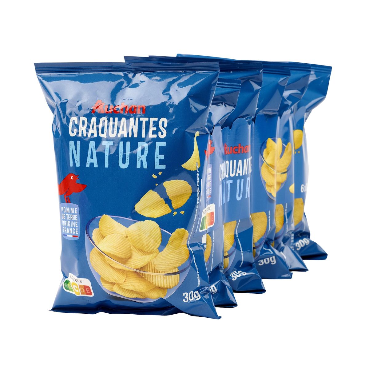 AUCHAN Chips ondulées craquantes nature 6 sachets 6x30g