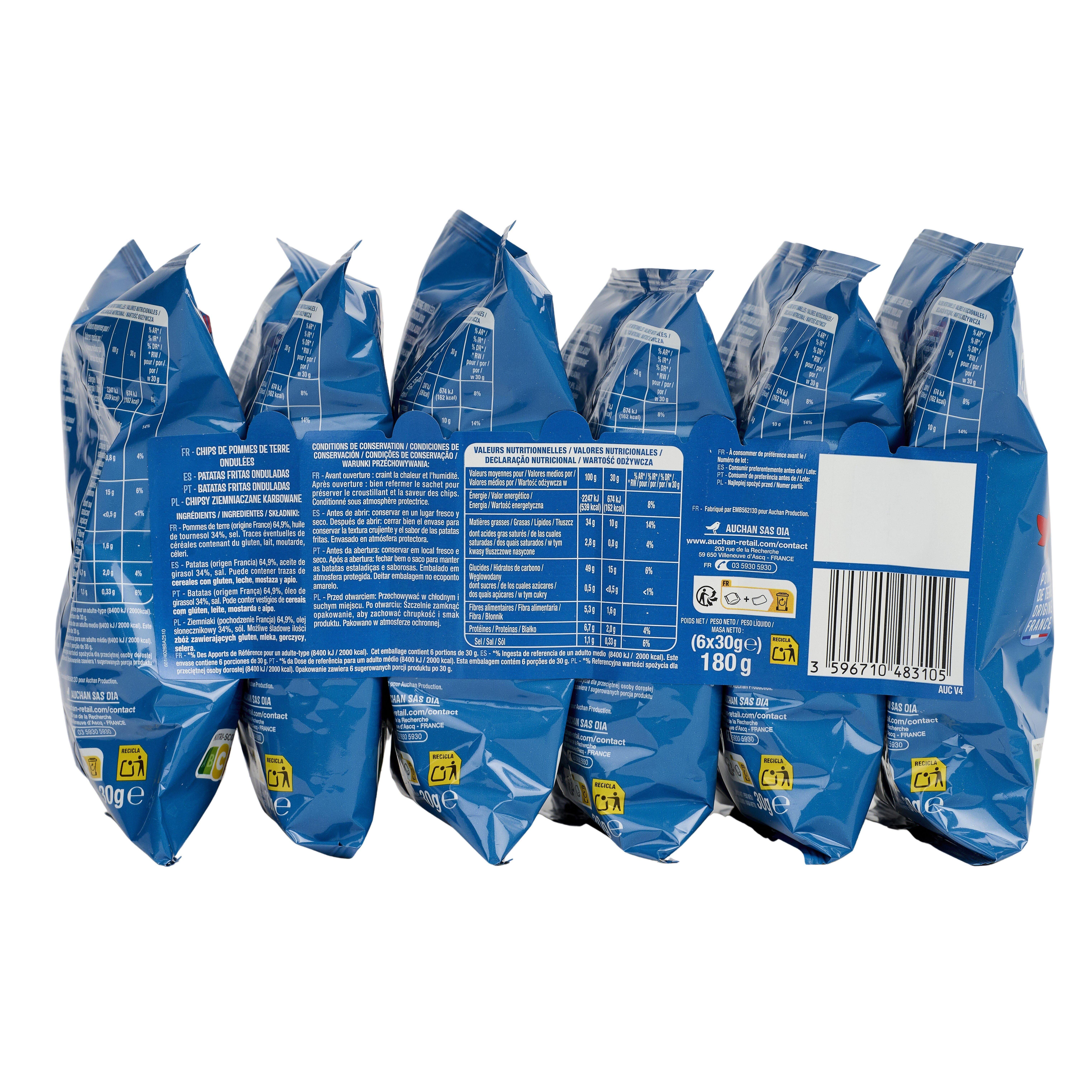 Voir la diapositive 3 : AUCHAN Chips ondulées craquantes nature 6 sachets 6x30g