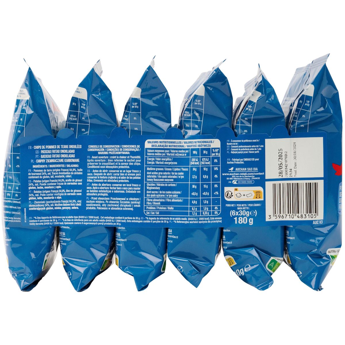 AUCHAN Chips ondulées craquantes nature 6 sachets 6x30g