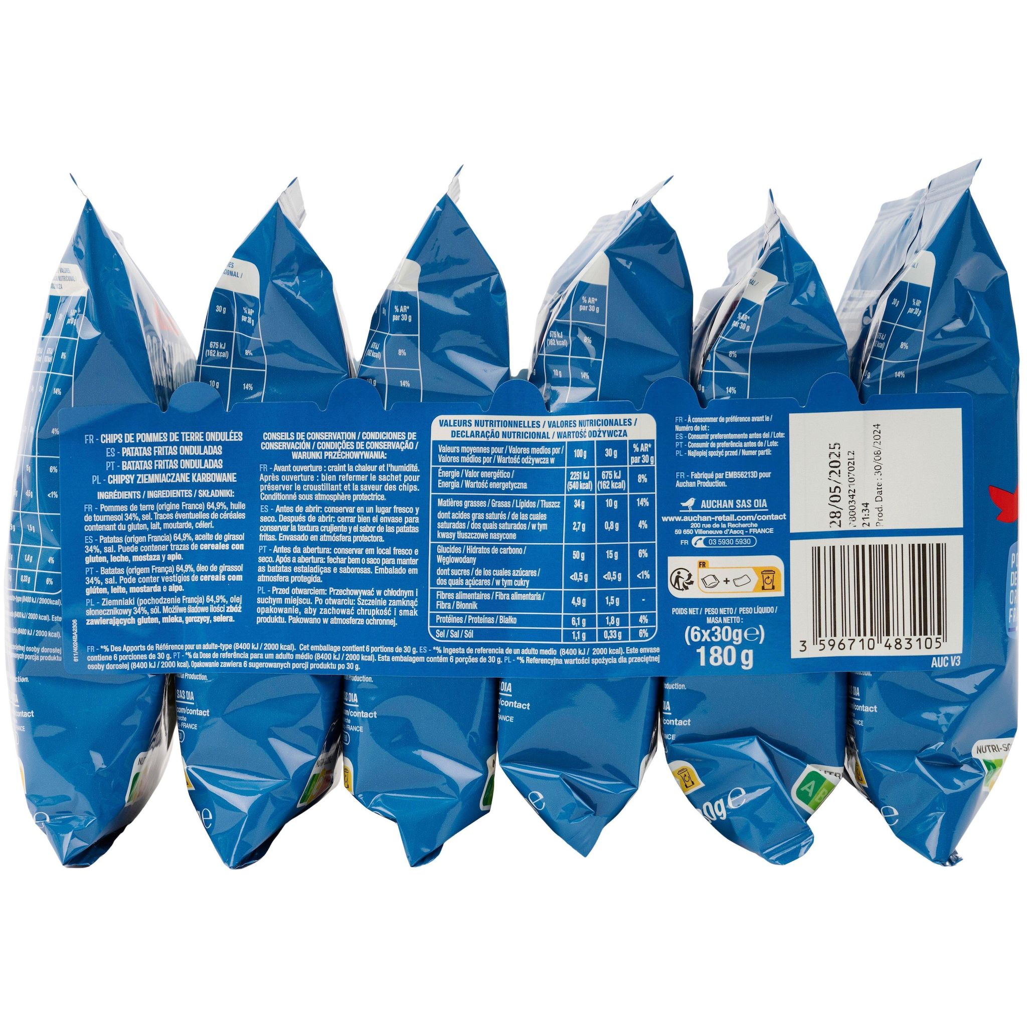 Voir la diapositive 4 : AUCHAN Chips ondulées craquantes nature 6 sachets 6x30g