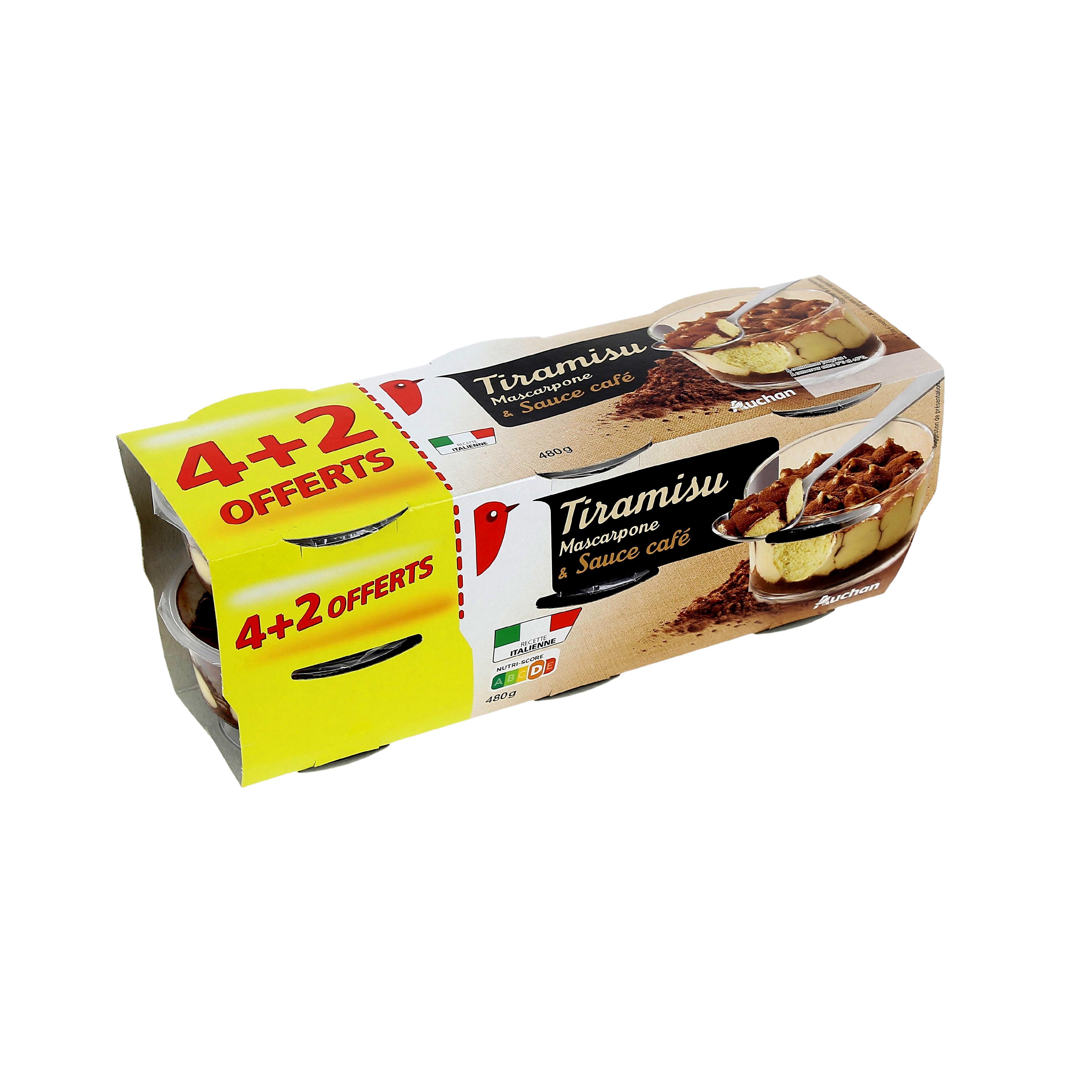 Voir la diapositive 2 : AUCHAN Tiramisu saveur mascarpone sauce café 4+2 offerts 6x80g