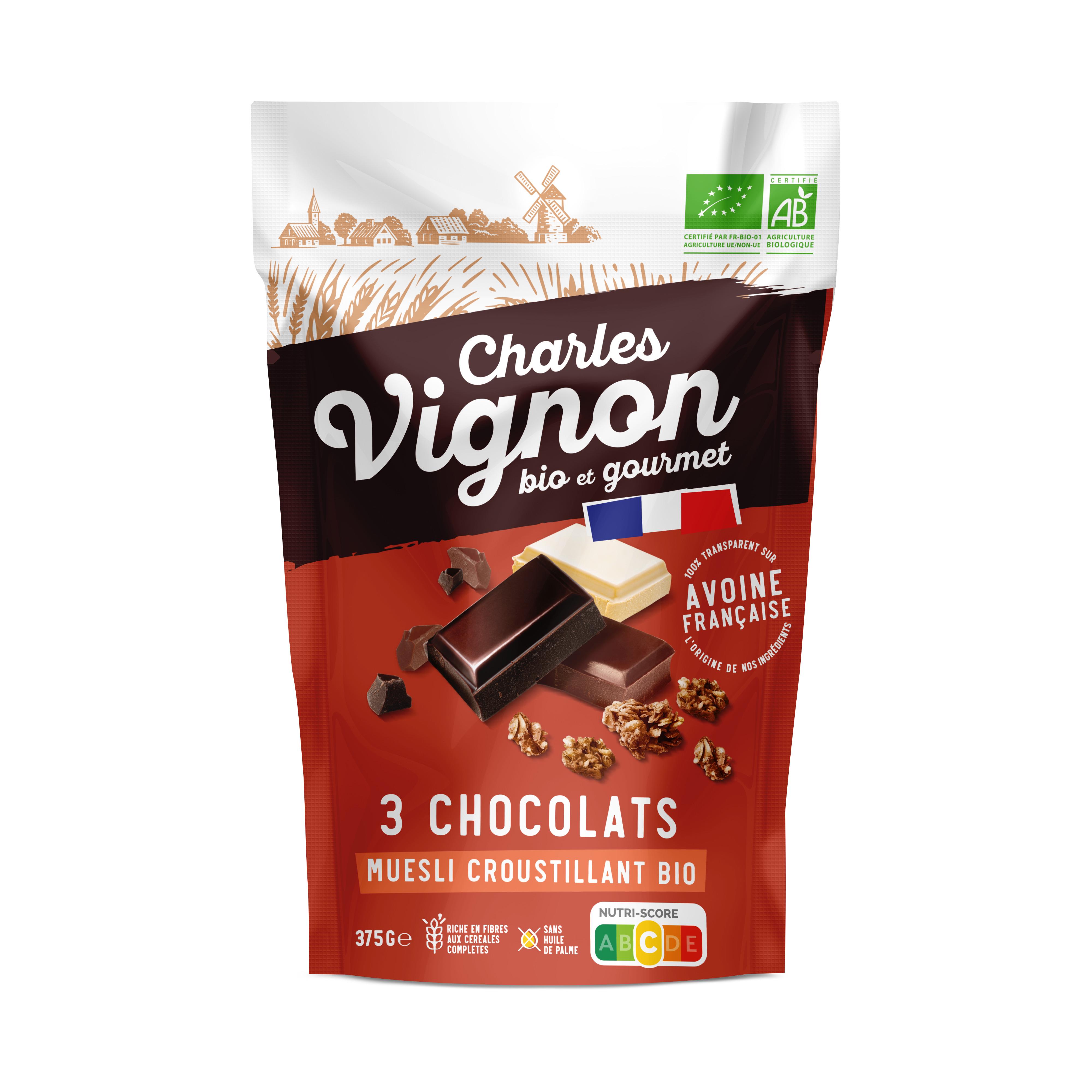 Voir la diapositive 2 : CHARLES VIGNON Muesli bio croustillant aux 3 chocolats 375g