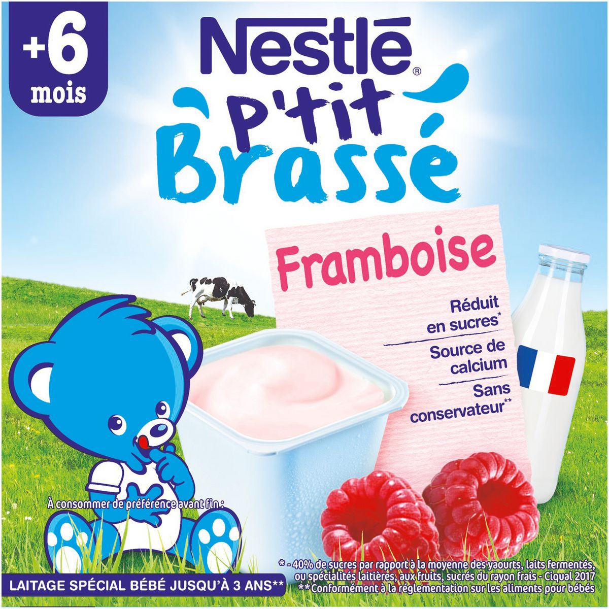 NESTLE P'tit brassé petit pot dessert lacté framboise dès 6 mois 4x100g