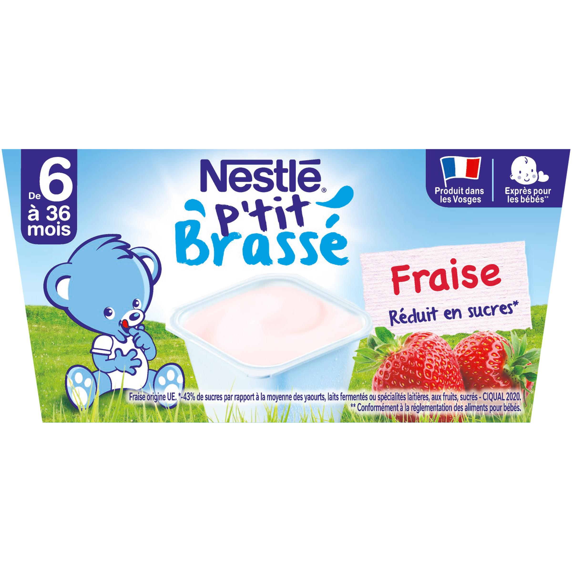 Voir la diapositive 2 : NESTLE P'tit brassé petit pot dessert lacté à la fraise dès 6 mois 4x100g