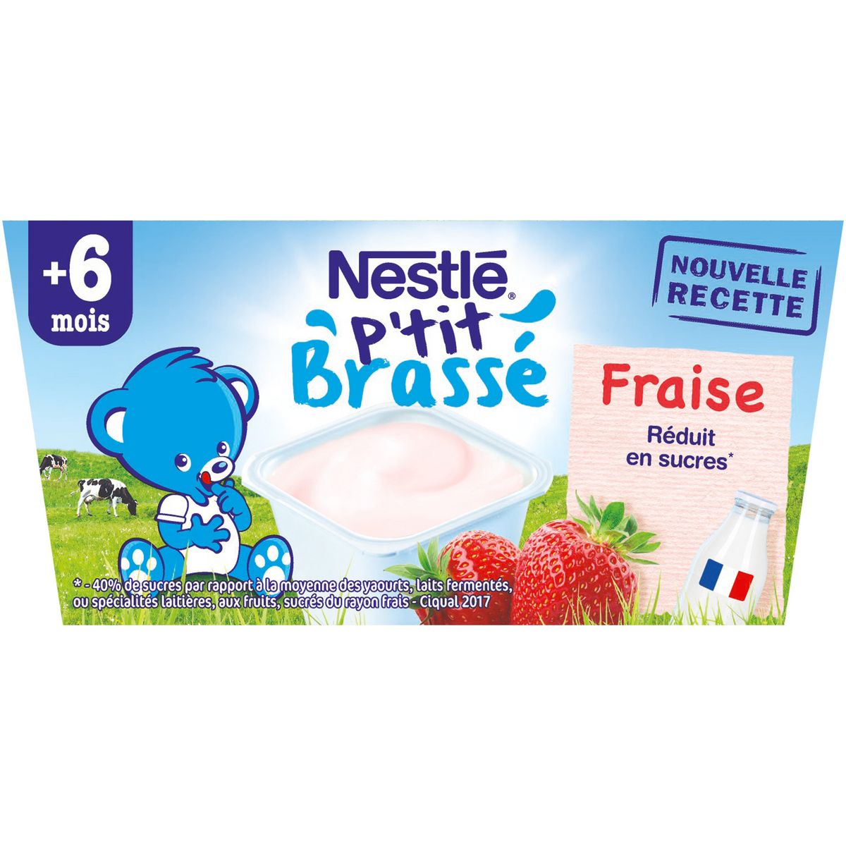 NESTLE P'tit brassé petit pot dessert lacté à la fraise dès 6 mois 4x100g