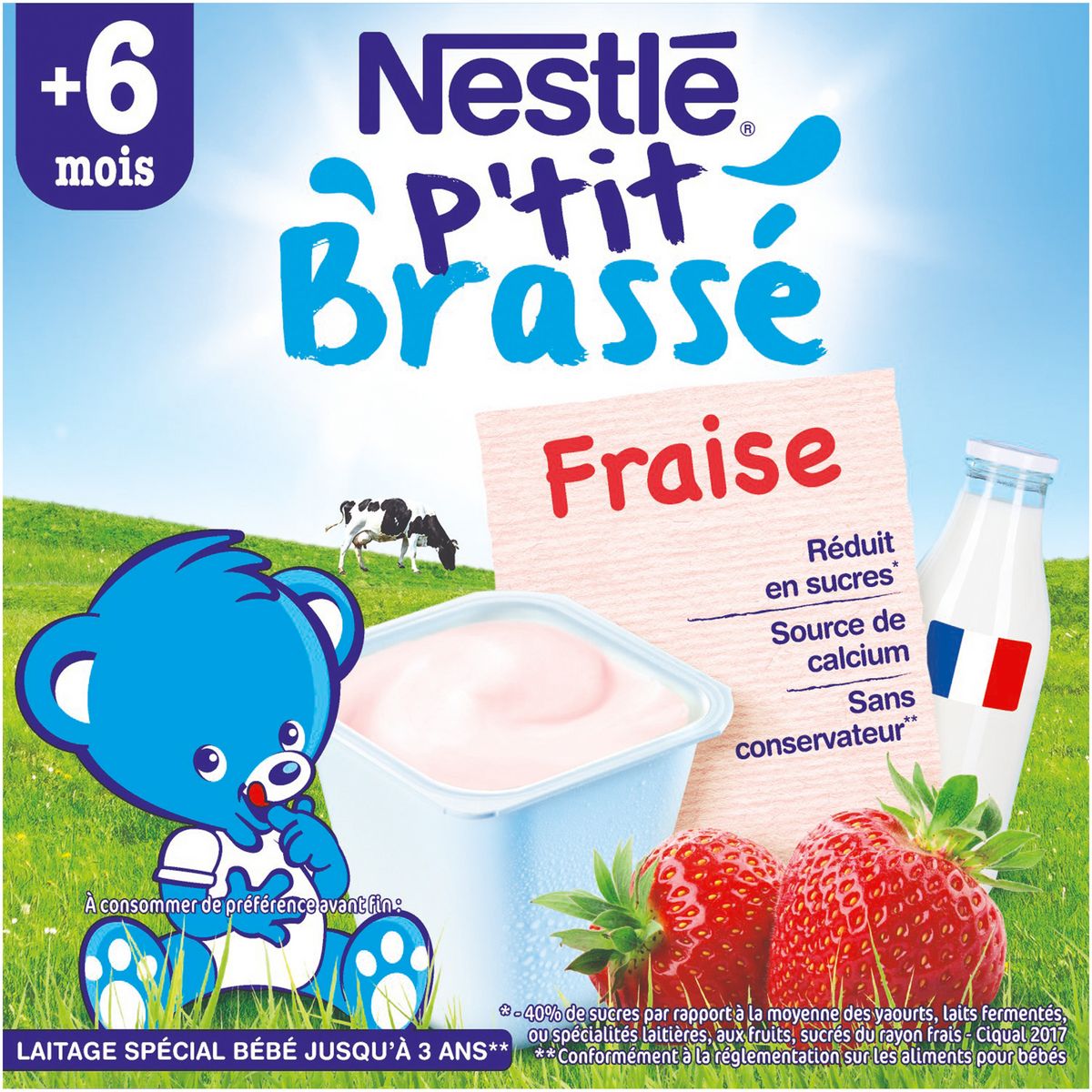 NESTLE P'tit brassé petit pot dessert lacté à la fraise dès 6 mois 4x100g