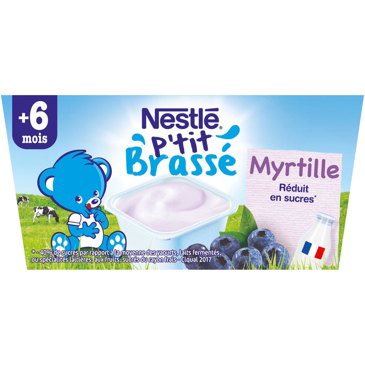 NESTLE P'tit brassé petit pot dessert lacté à la myrtille dès 6 mois 4x100g