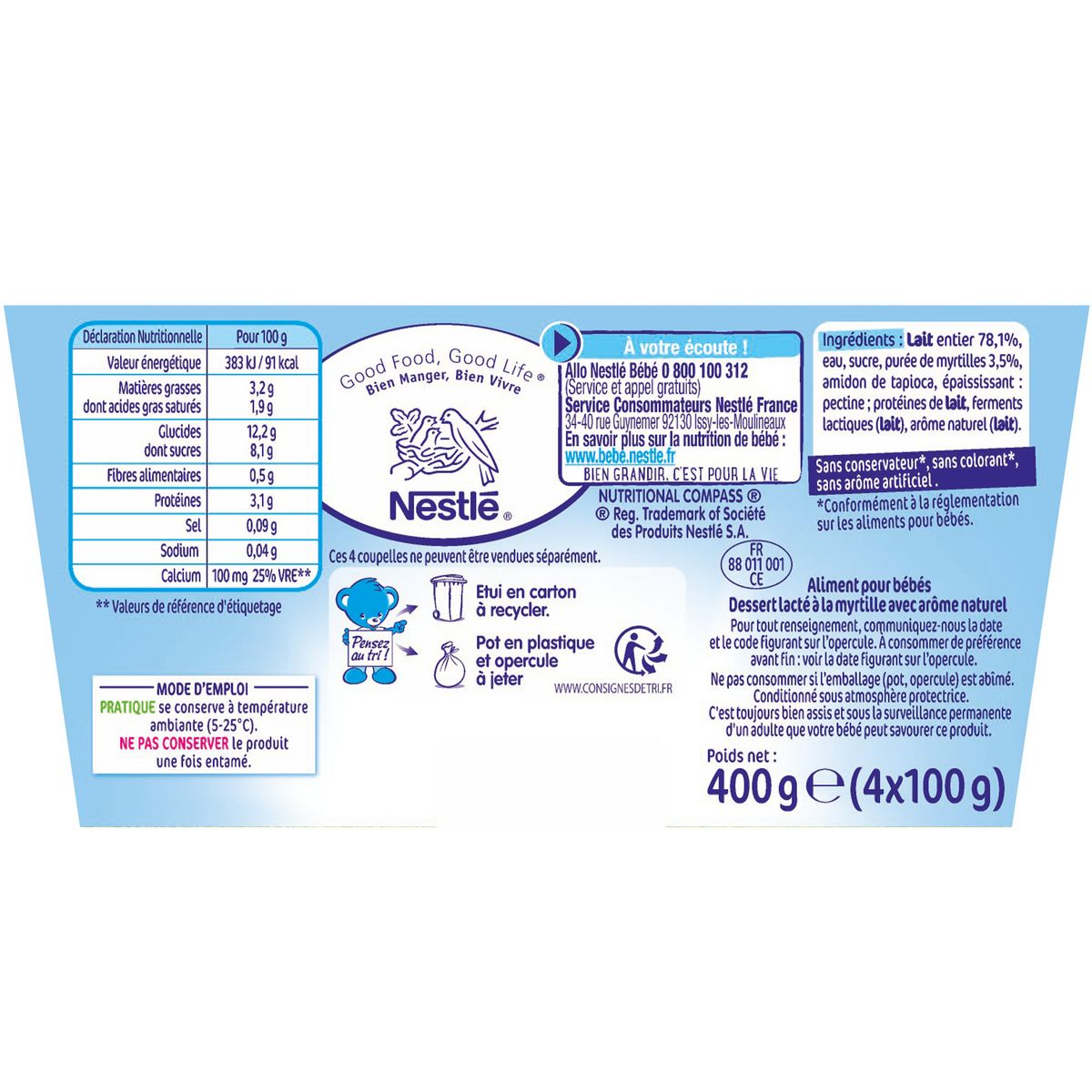 NESTLE P'tit brassé petit pot dessert lacté à la myrtille dès 6 mois 4x100g