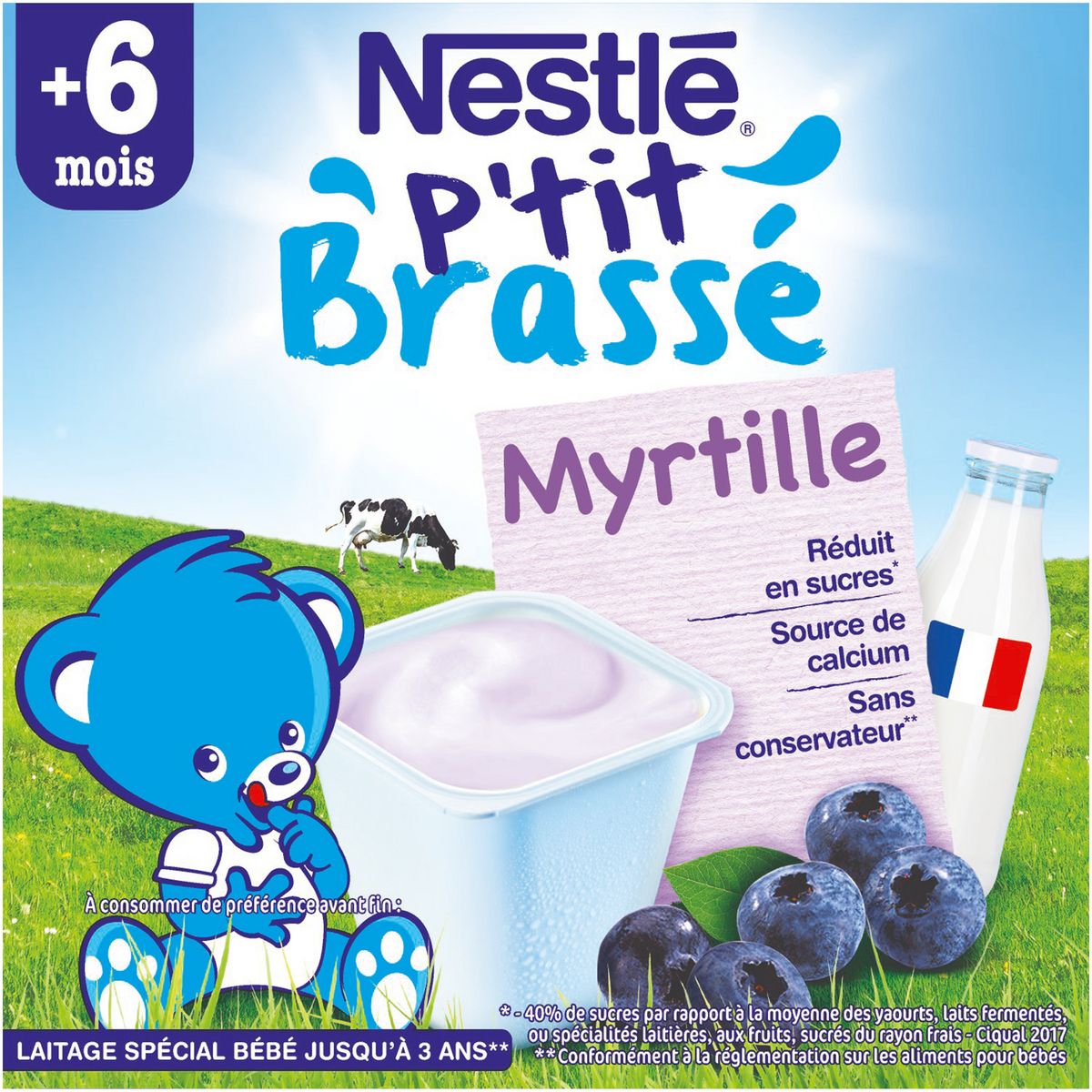 NESTLE P'tit brassé petit pot dessert lacté à la myrtille dès 6 mois 4x100g