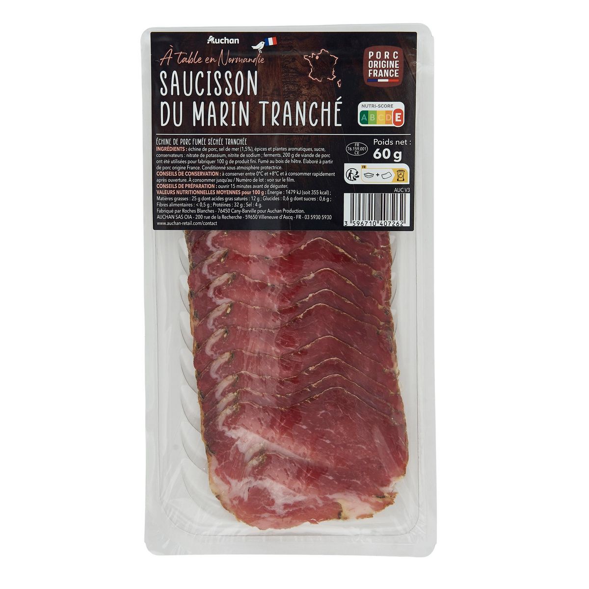 AUCHAN TERROIR Saucisson du marin de Normandie fumé au bois de hêtre 10 tranches environ 60g