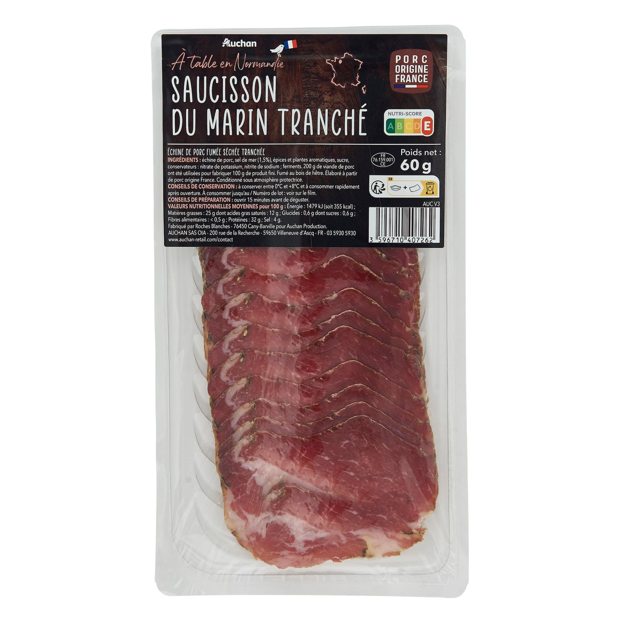 Voir la diapositive 2 : AUCHAN TERROIR Saucisson du marin de Normandie fumé au bois de hêtre 10 tranches environ 60g