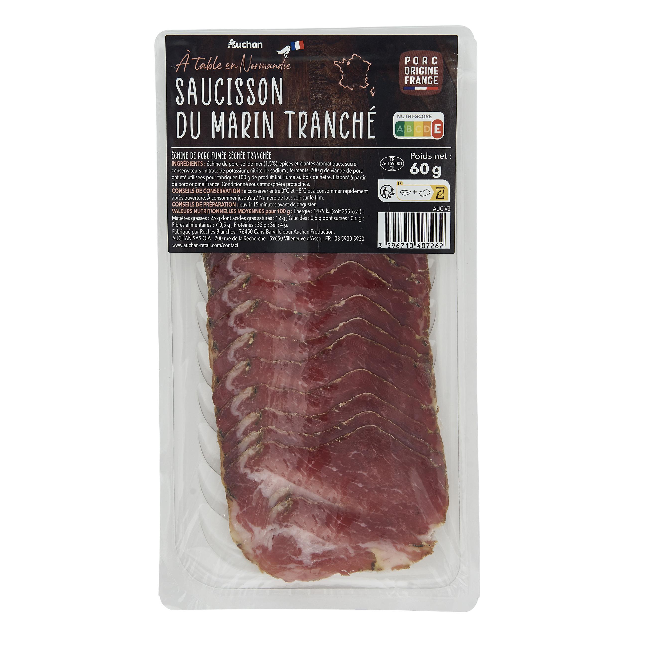 Voir la diapositive 3 : AUCHAN TERROIR Saucisson du marin de Normandie fumé au bois de hêtre 10 tranches environ 60g