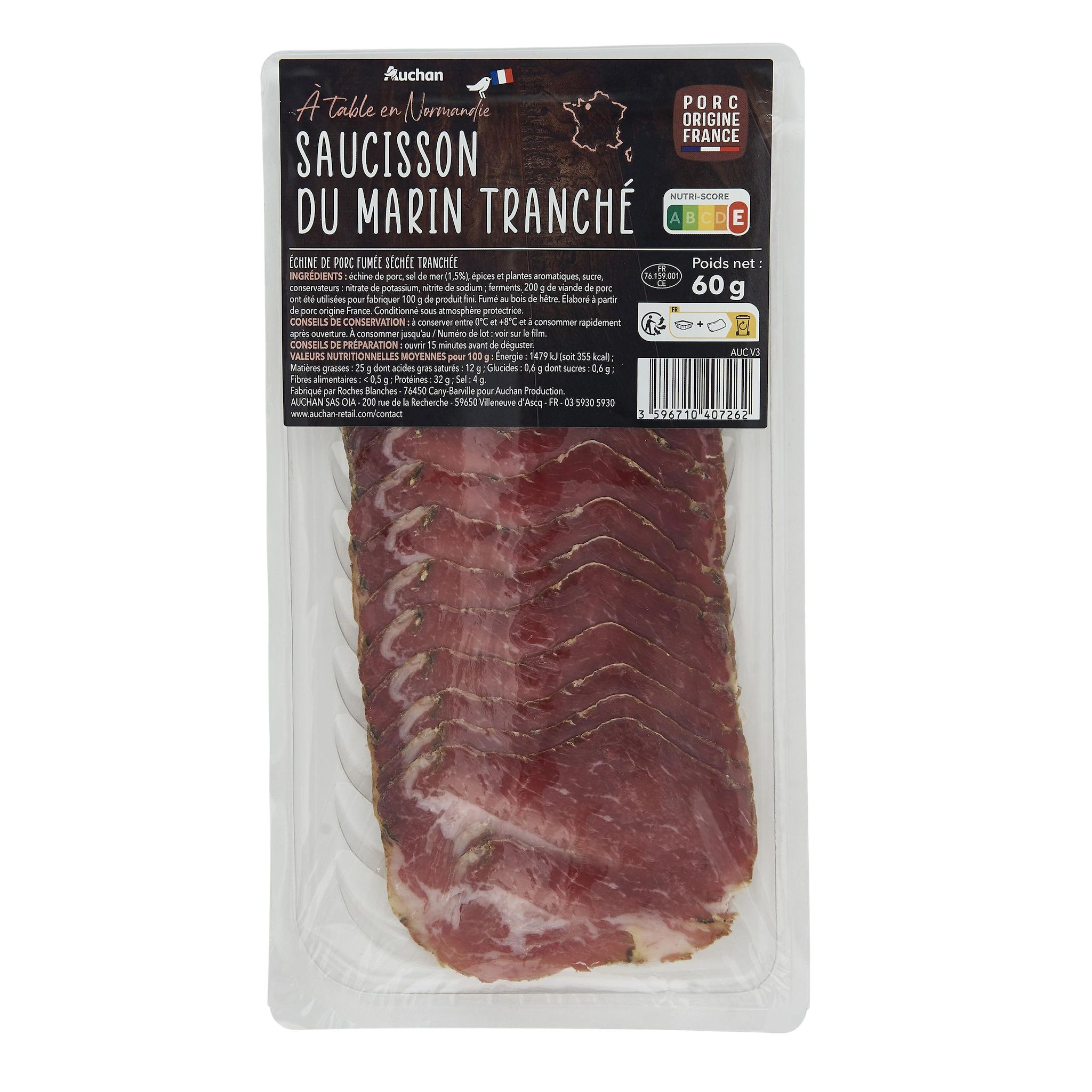 Voir la diapositive 3 : AUCHAN TERROIR Saucisson du marin de Normandie fumé au bois de hêtre 10 tranches environ 60g