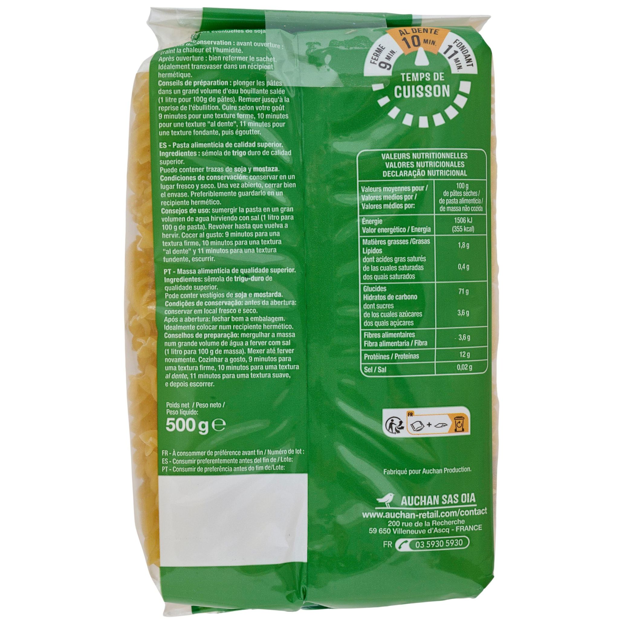 Voir la diapositive 2 : AUCHAN Fusilli 500g