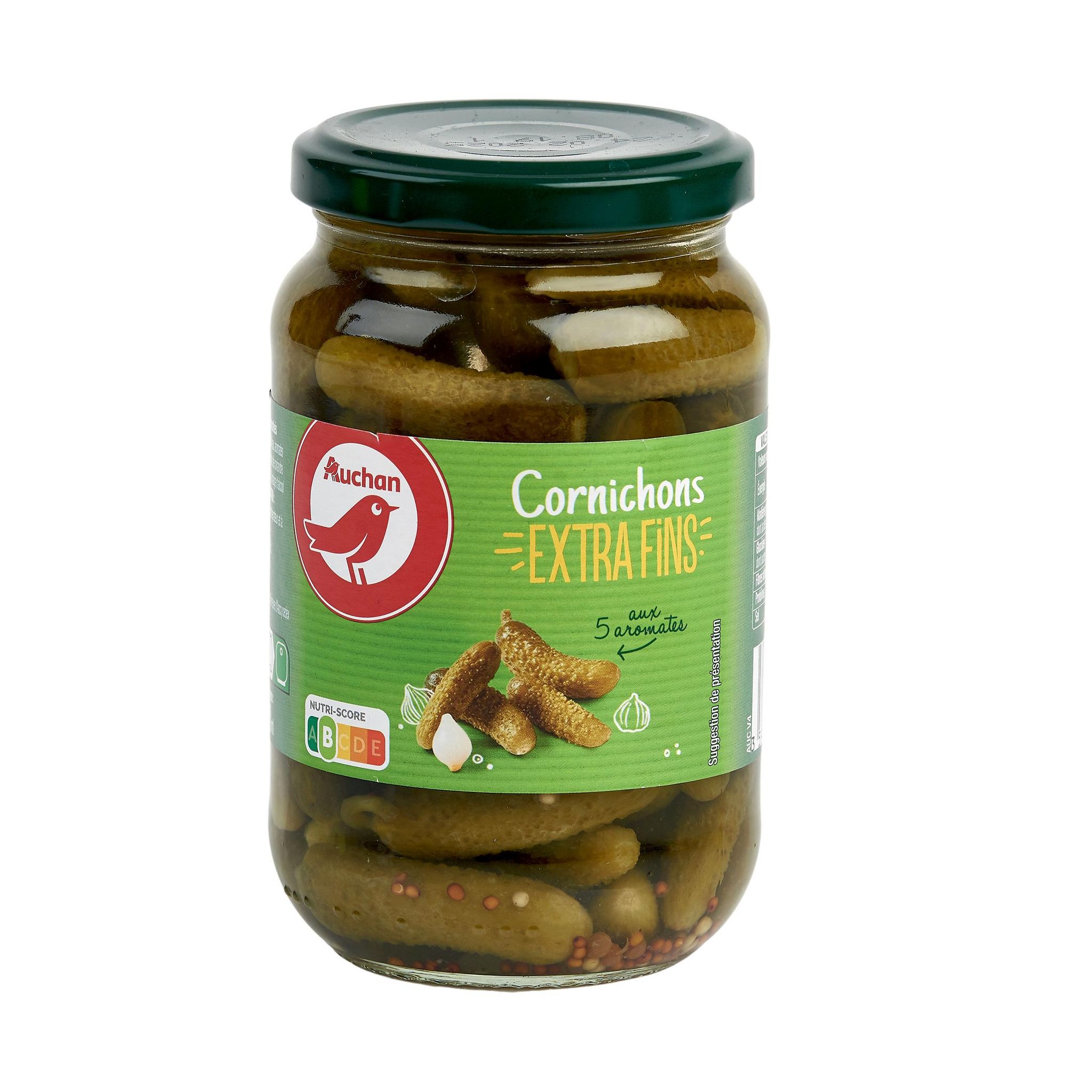 Voir la diapositive 2 : AUCHAN Cornichons extra fins aux 5 aromates en bocal 185g