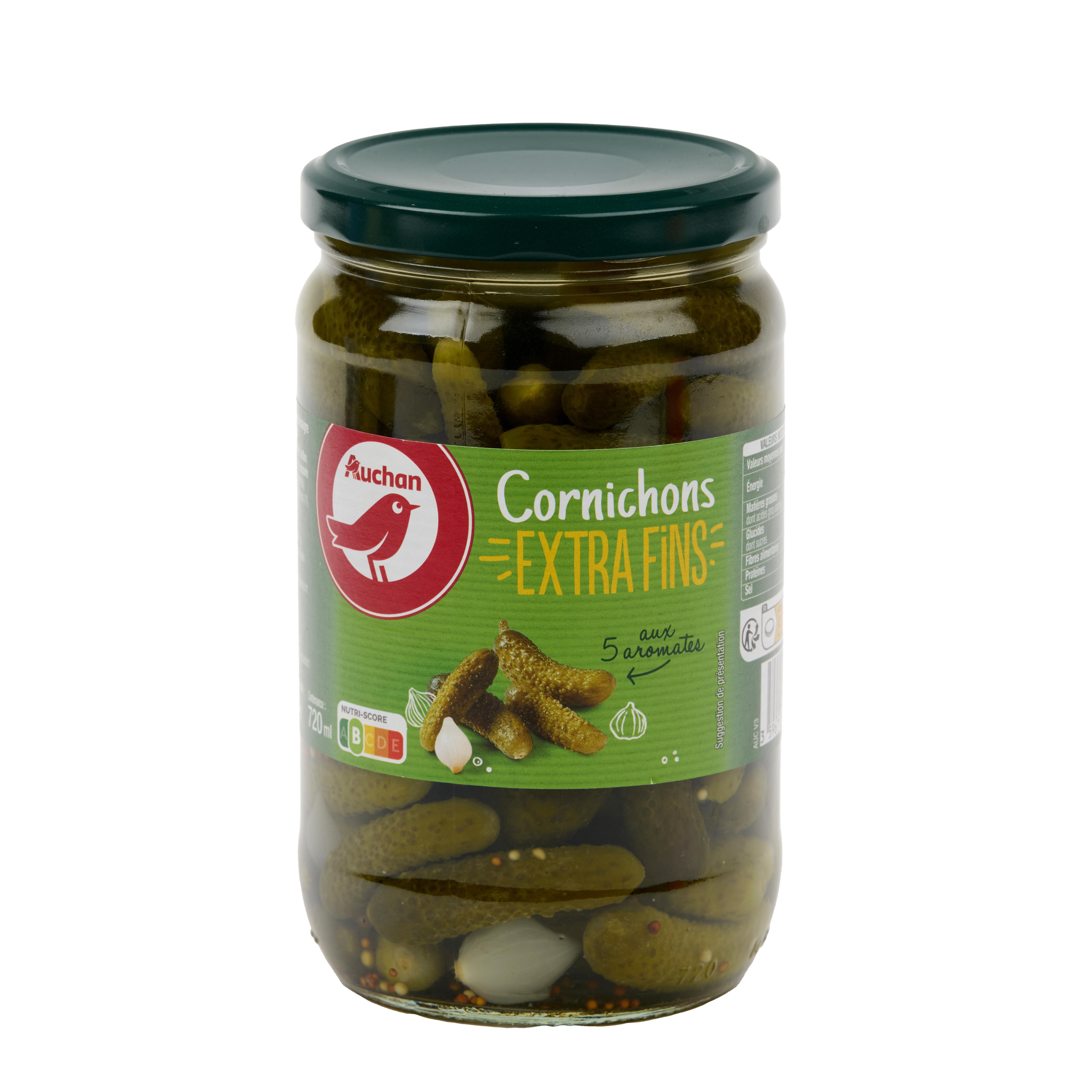 Voir la diapositive 2 : AUCHAN Cornichons extra fins aux 5 aromates 360g