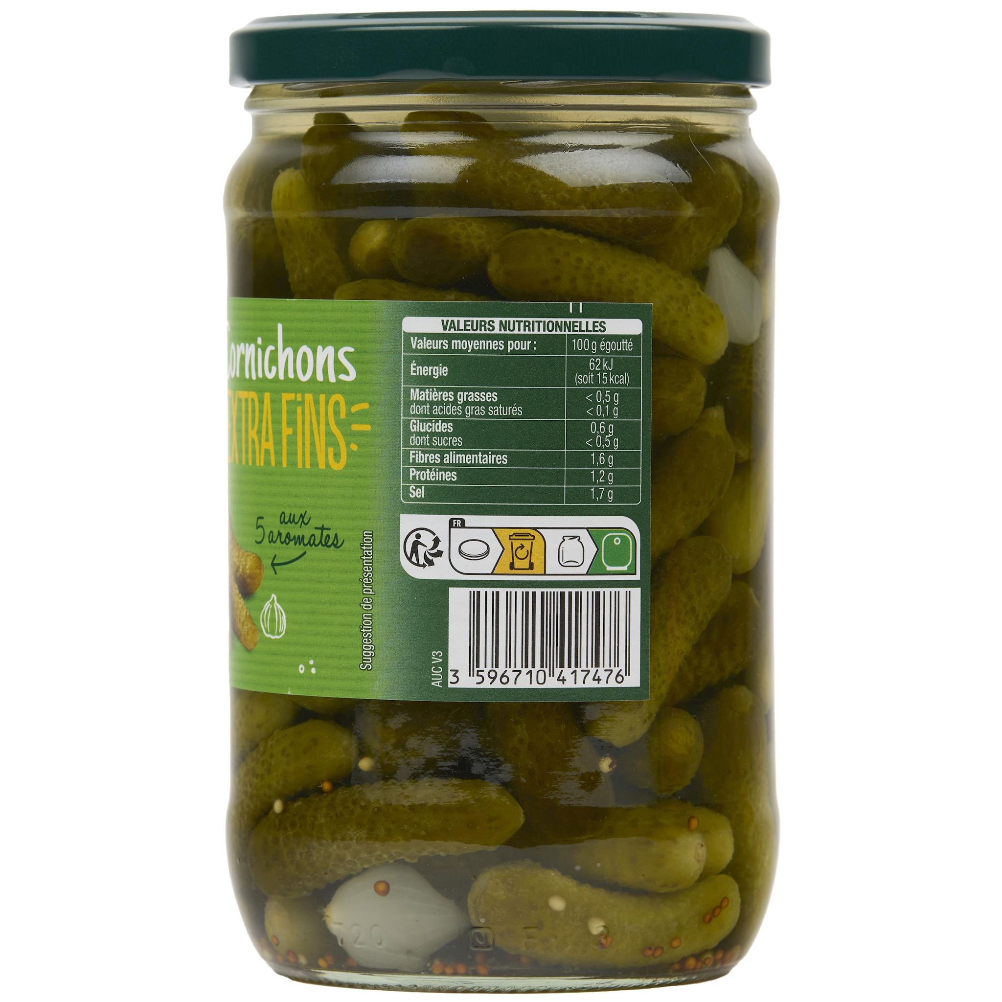 Voir la diapositive 3 : AUCHAN Cornichons extra fins aux 5 aromates 360g