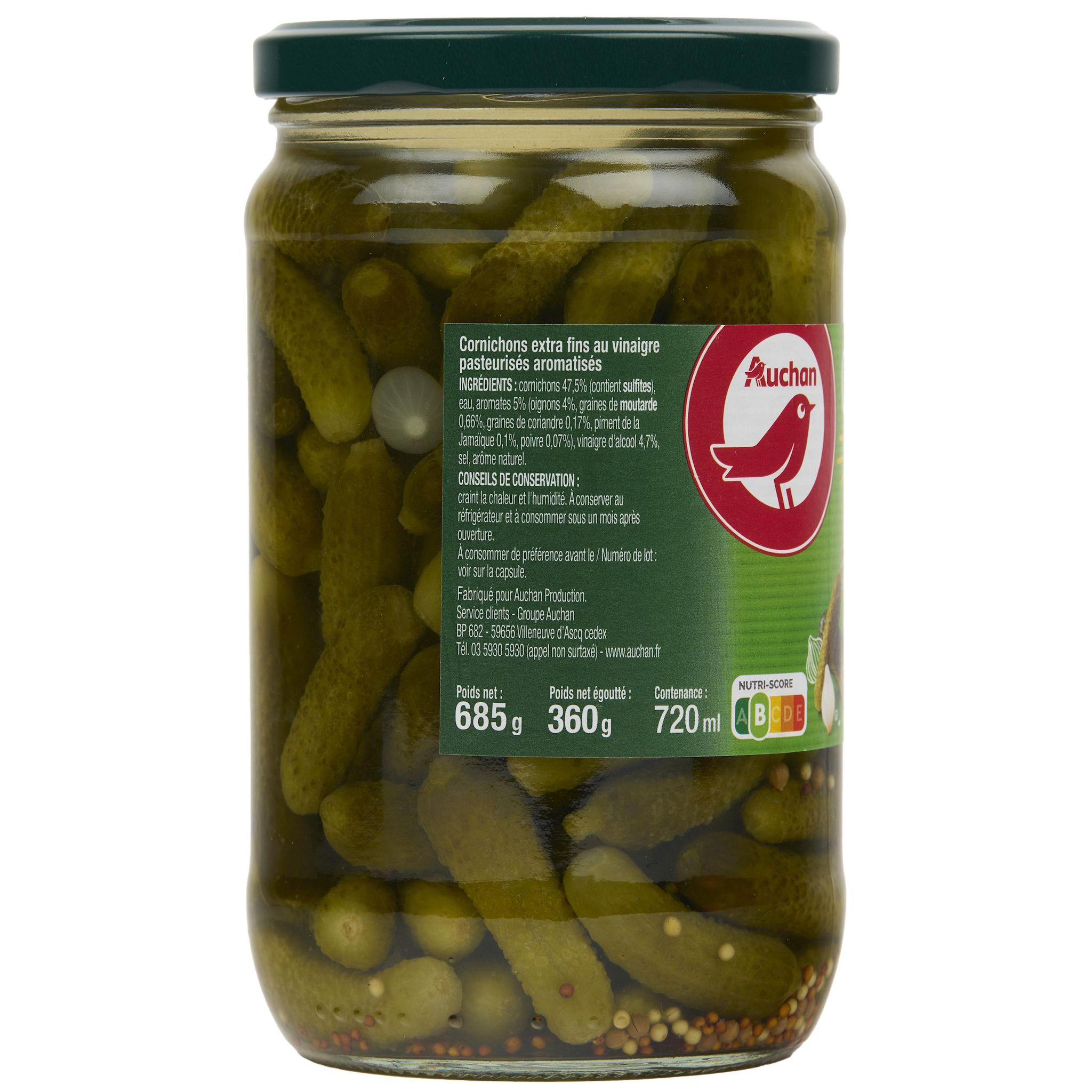 Voir la diapositive 4 : AUCHAN Cornichons extra fins aux 5 aromates 360g