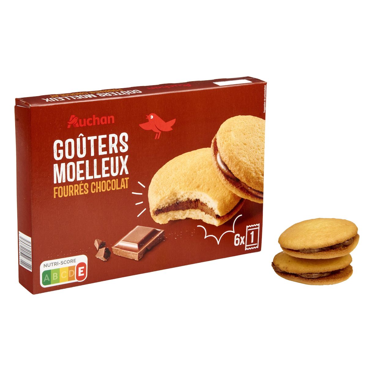 AUCHAN Gâteaux moelleux fourrés au chocolat sachets individuels 6 gâteaux 175g