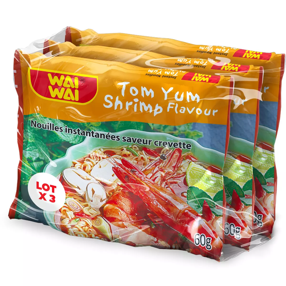 WAI WAI Nouilles asiatiques instantanées saveur crevettes sachets 3x60g