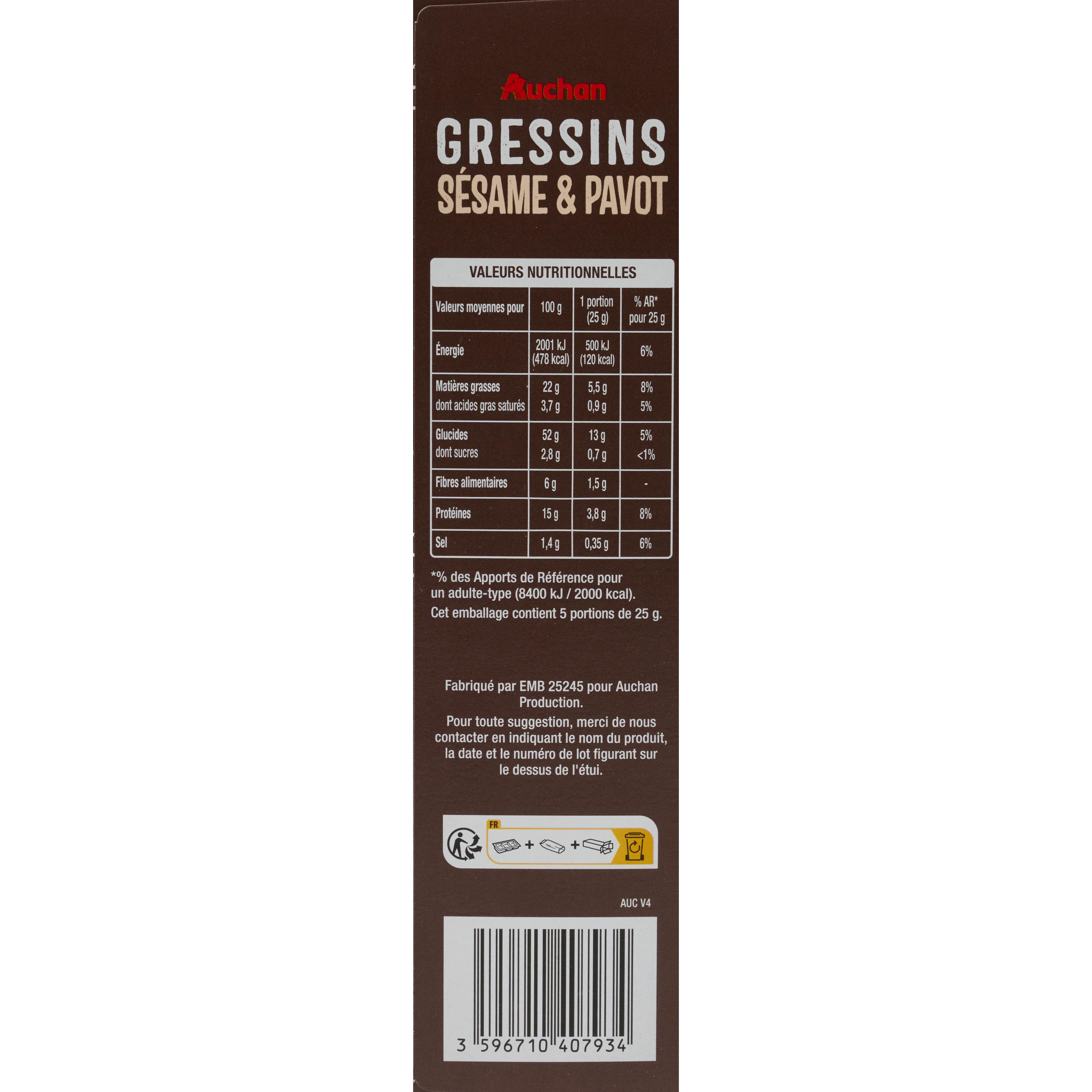 Voir la diapositive 3 : AUCHAN Gressins au sésame et pavot 125g