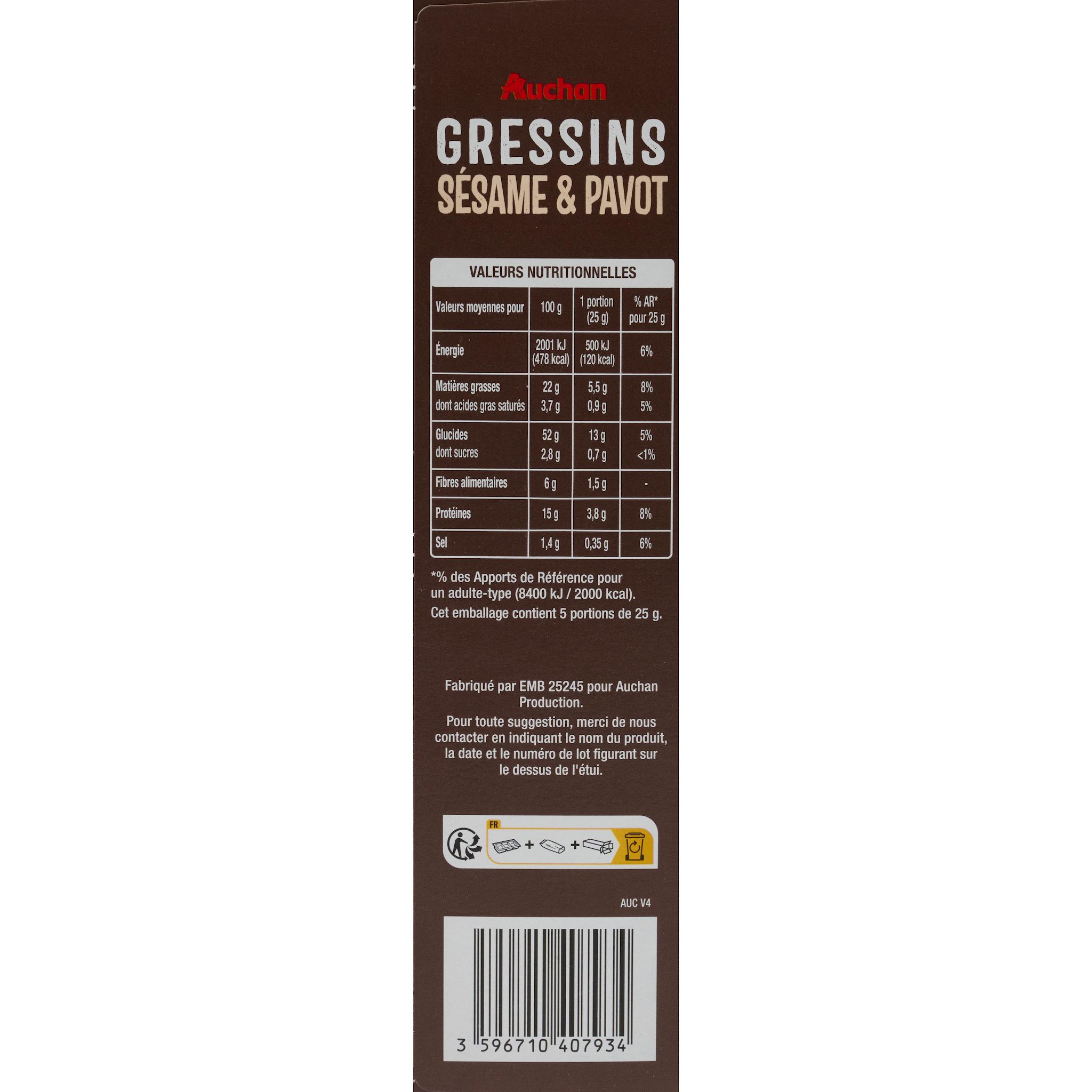Voir la diapositive 4 : AUCHAN Gressins au sésame et pavot 125g