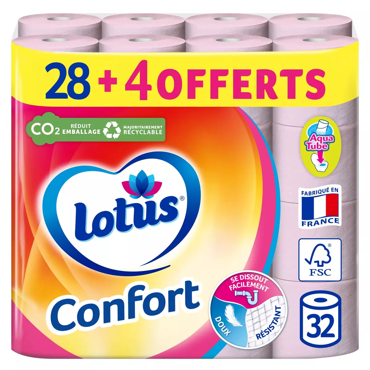LOTUS Papier toilette rose confort aquatube 28 rouleaux + 4 offerts