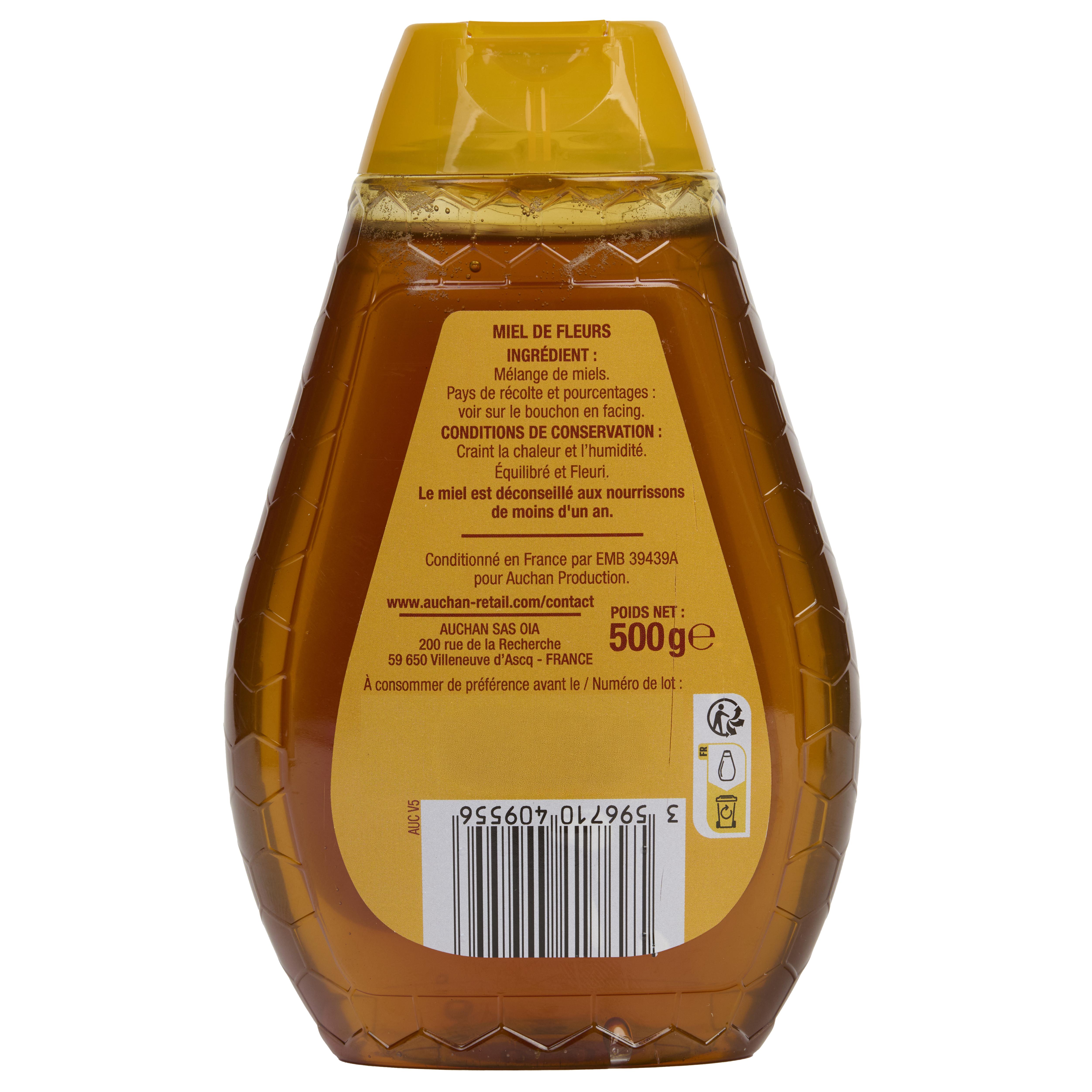 Voir la diapositive 2 : AUCHAN Miel de fleurs liquide équilibré et fleuri en flacon doseur 500g