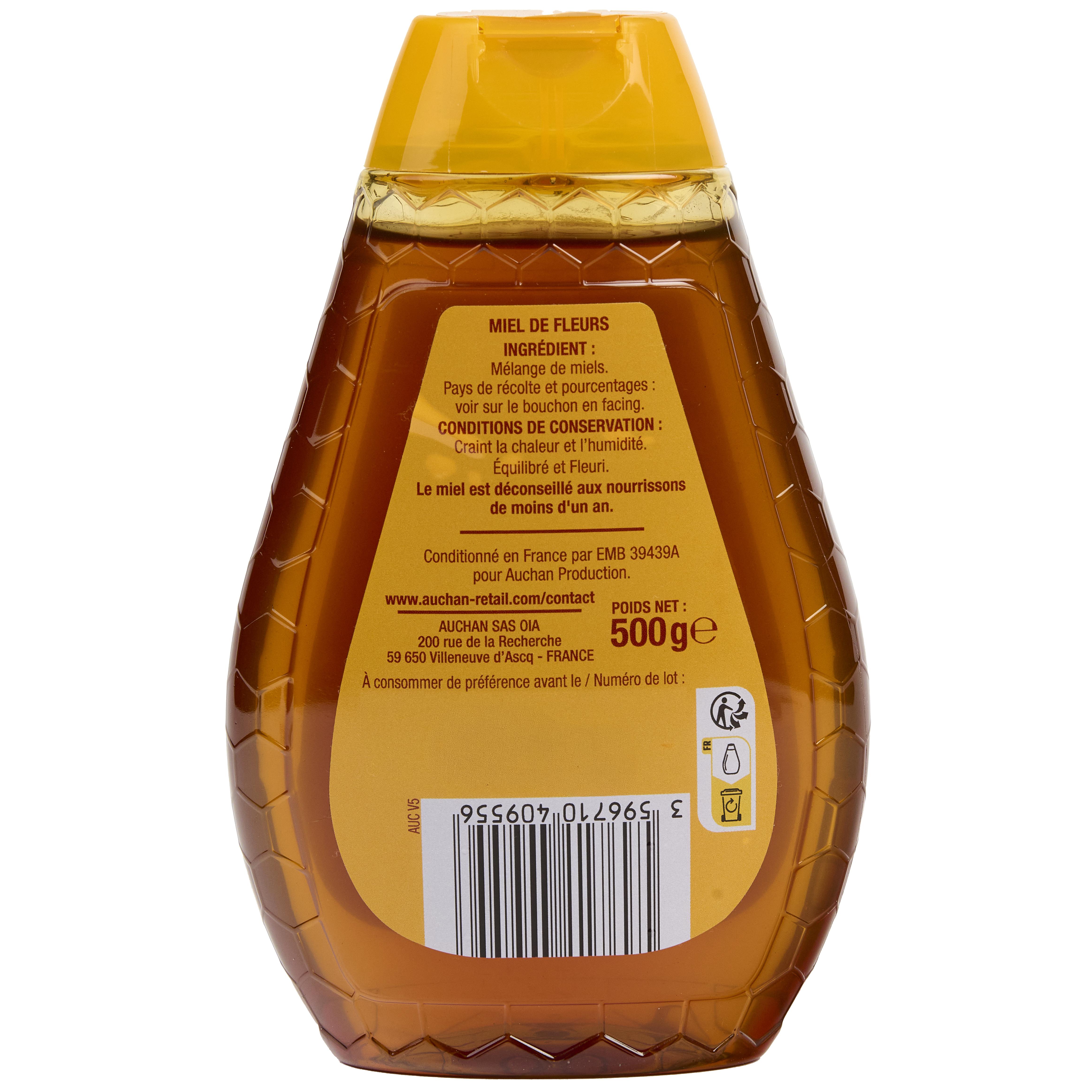Voir la diapositive 3 : AUCHAN Miel de fleurs liquide équilibré et fleuri en flacon doseur 500g