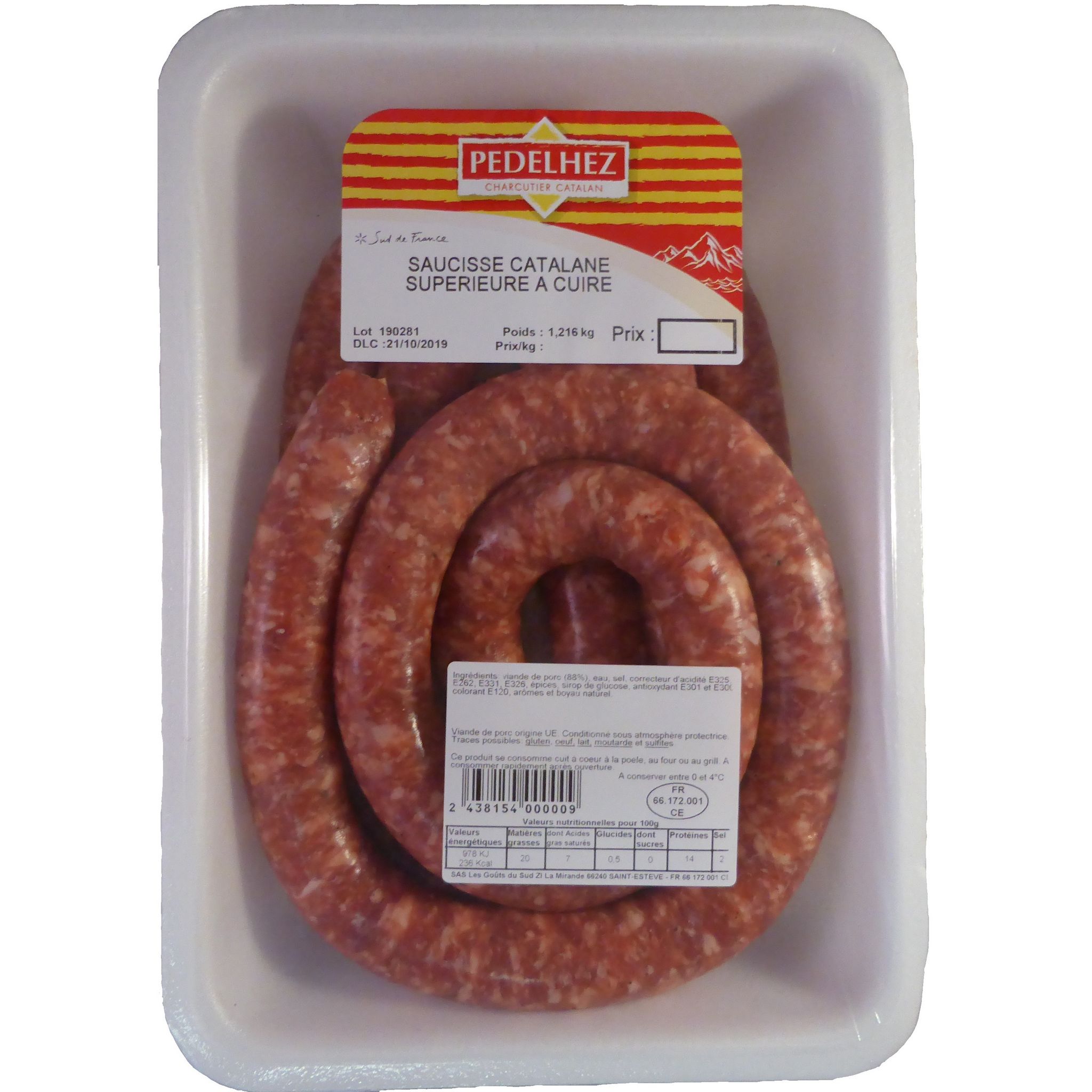 PEDELHEZ Saucisse catalane supérieur a cuire 1.2kg